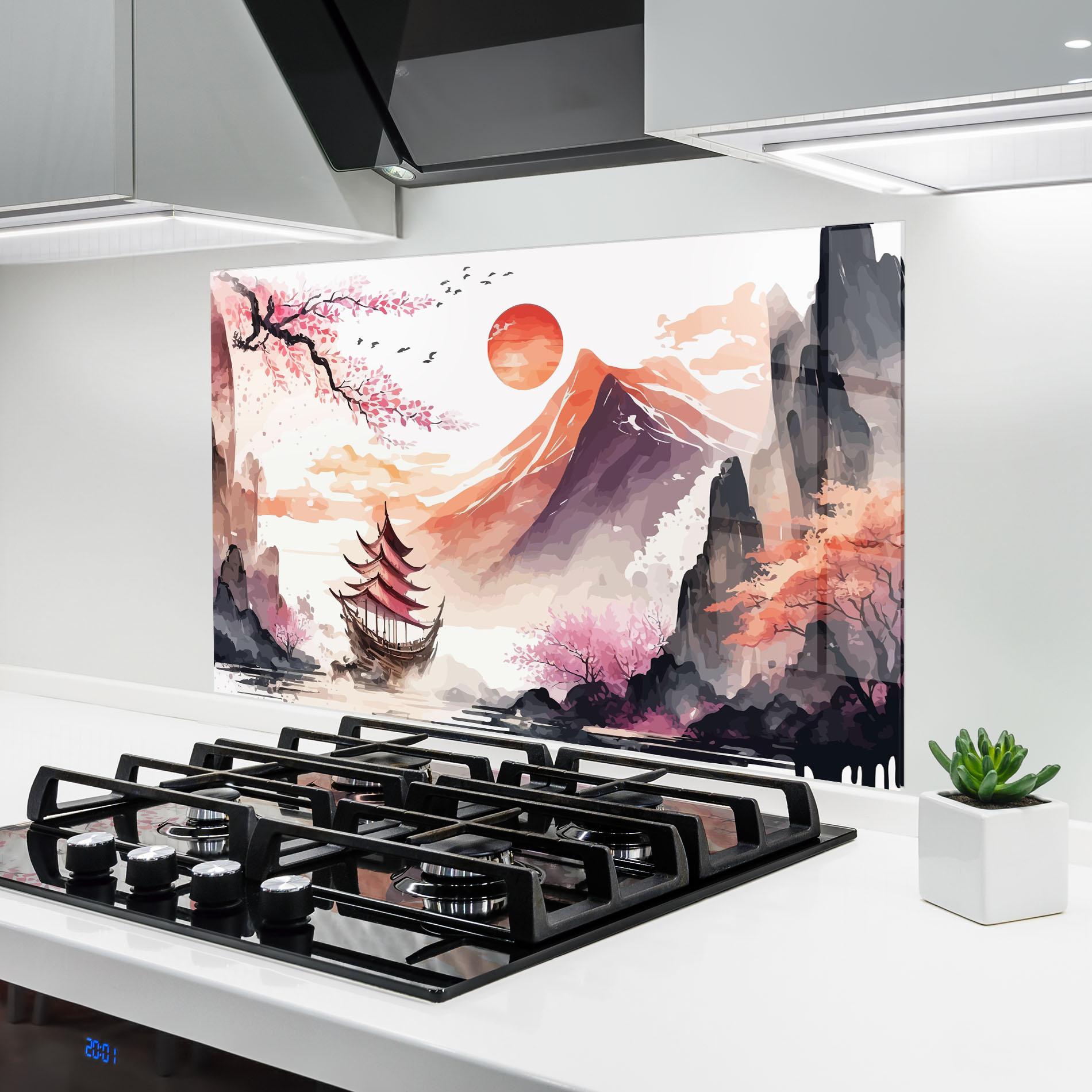 Küchenrückwand Glas Asiatic Purple Mountain mockup 6