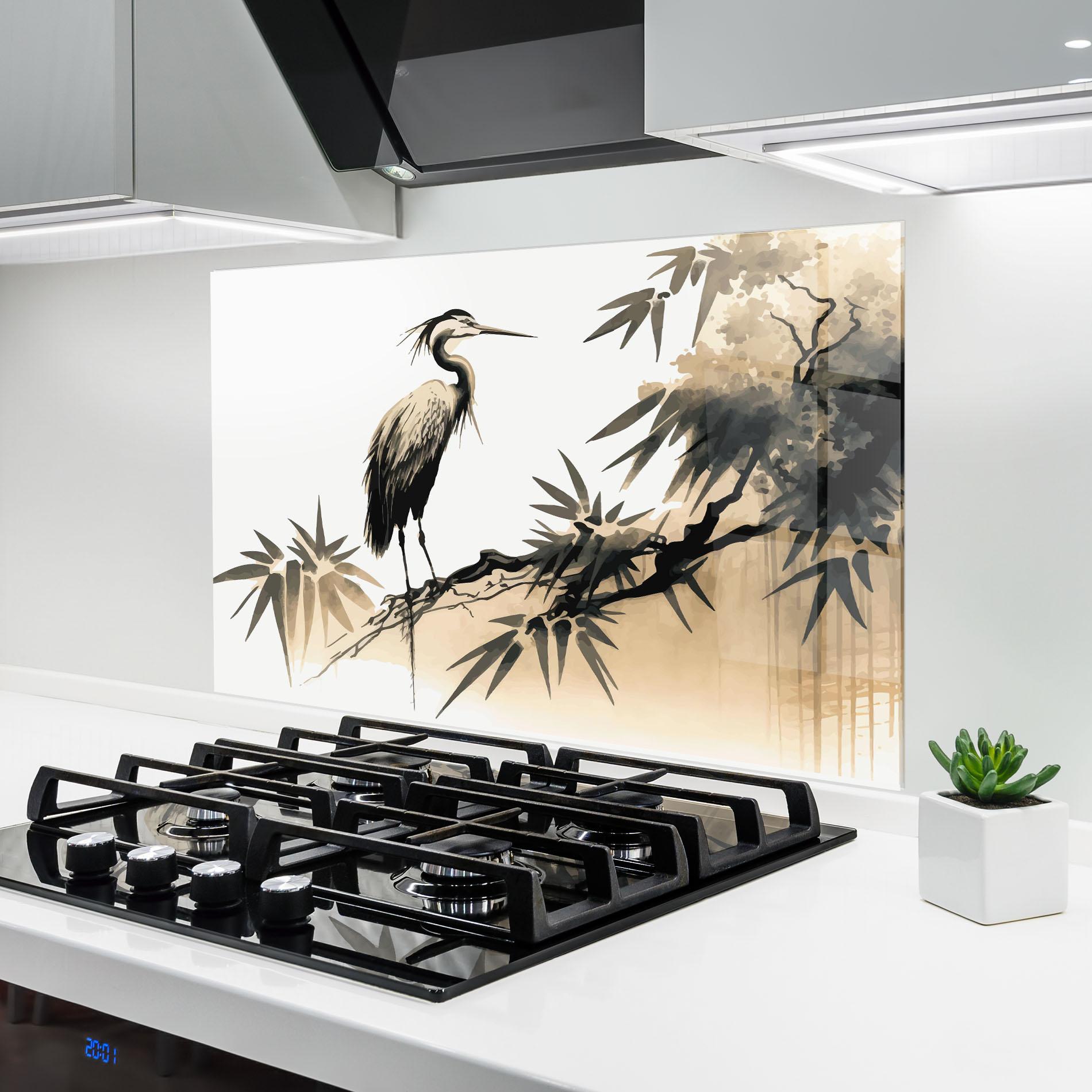 Küchenrückwand Glas Black Cream Bird Art mockup 6