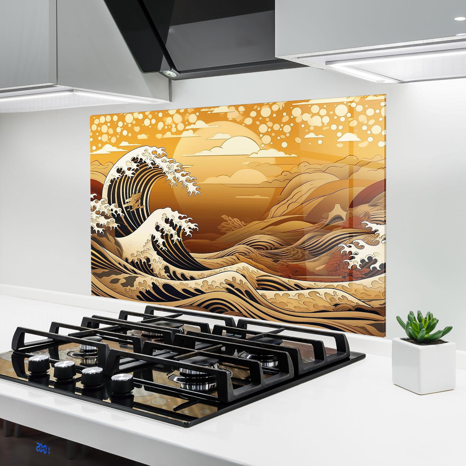 Küchenrückwand Glas Black Yellow Waves mockup 6