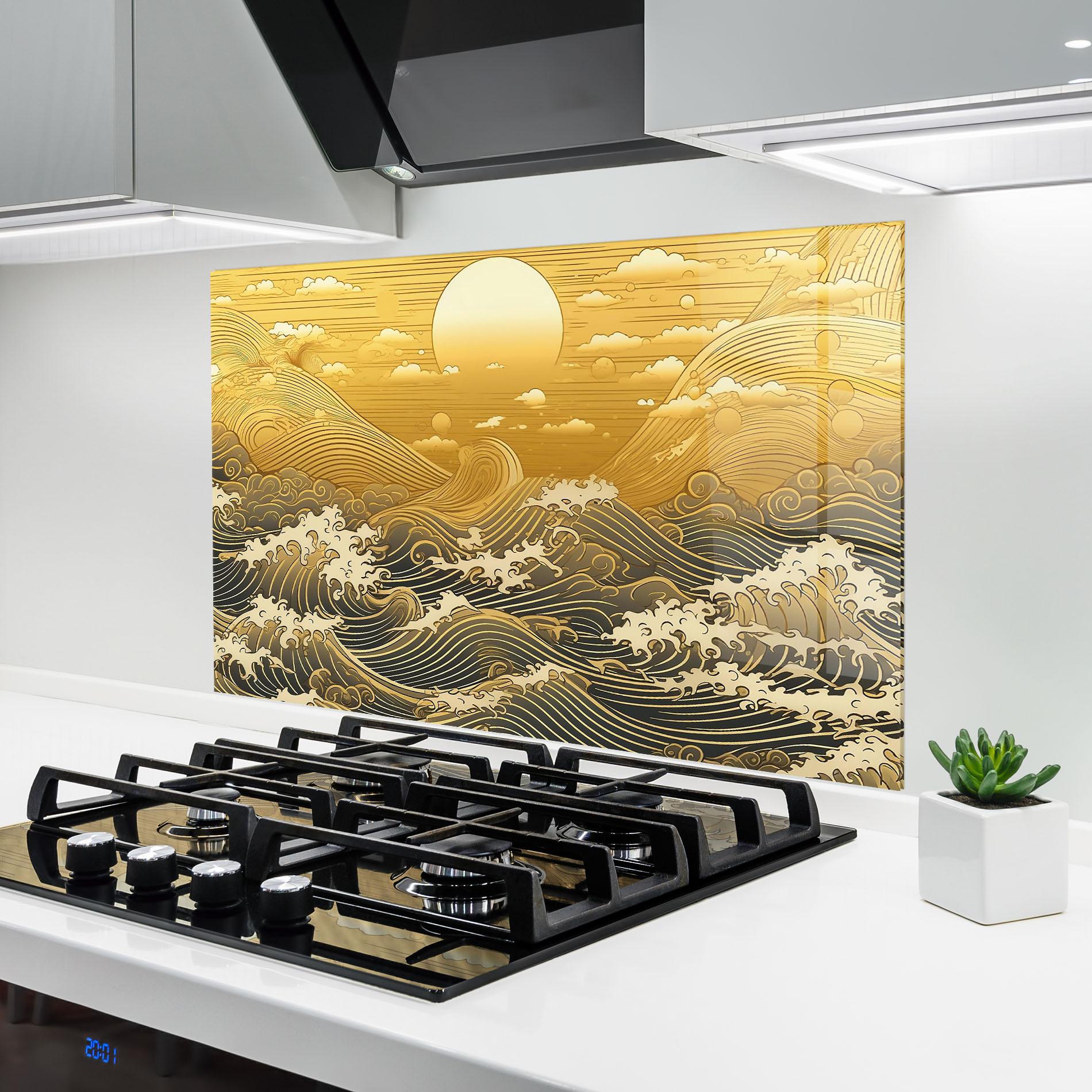 Küchenrückwand Glas Blue Gold Waves mockup 6