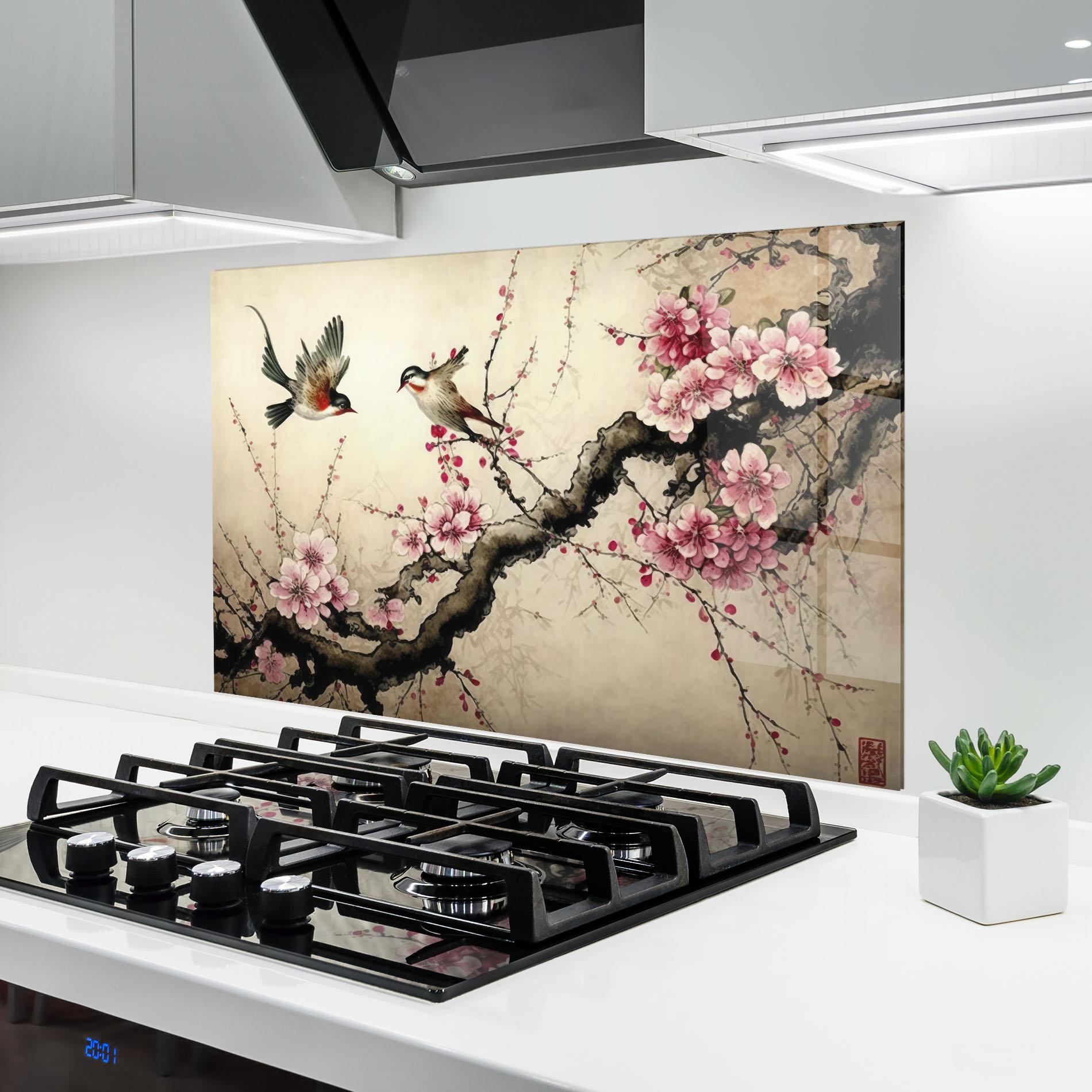 Küchenrückwand Glas Cherry Blossom Birds mockup 6