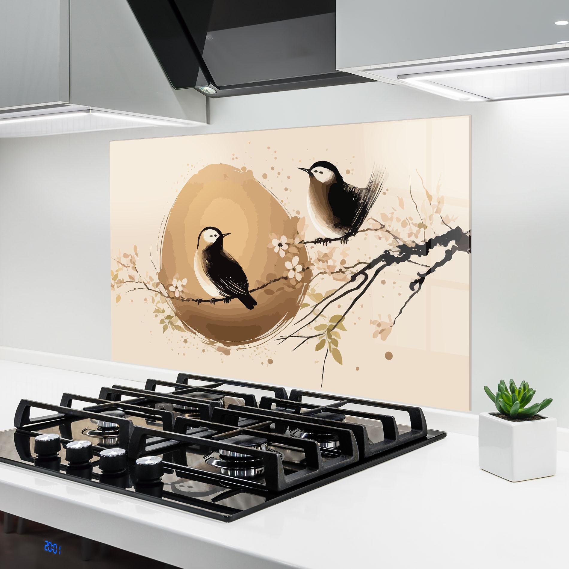 Küchenrückwand Glas Cream Blossoms Bird mockup 6