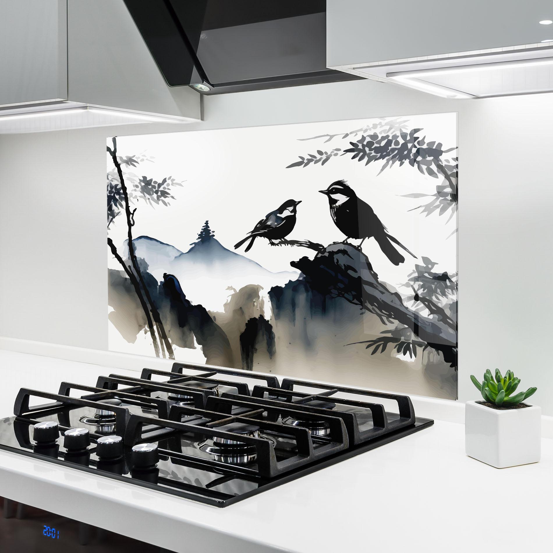 Küchenrückwand Glas Cream Blue Mountain Bird mockup 6