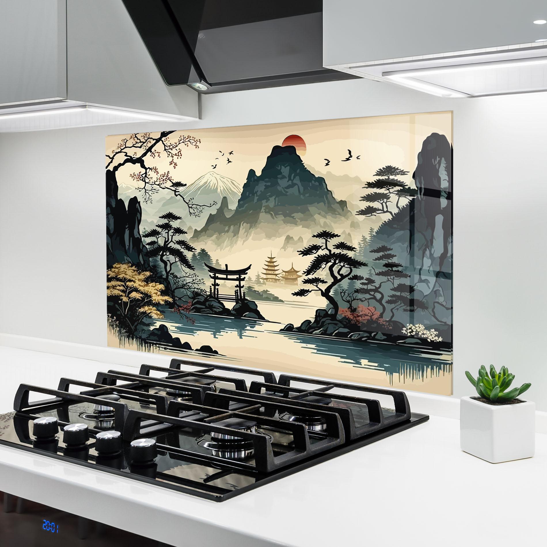 Küchenrückwand Glas Cream Chinese Mountain mockup 6
