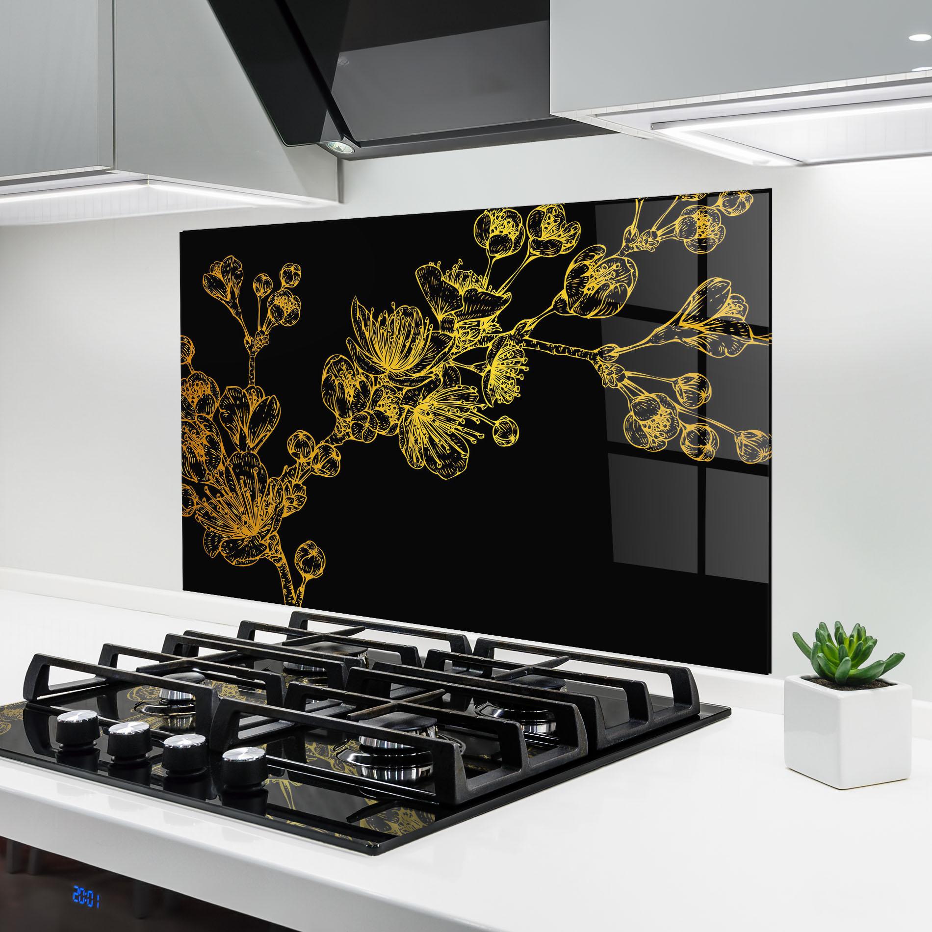 Küchenrückwand Glas Gold Blossom Flower mockup 6