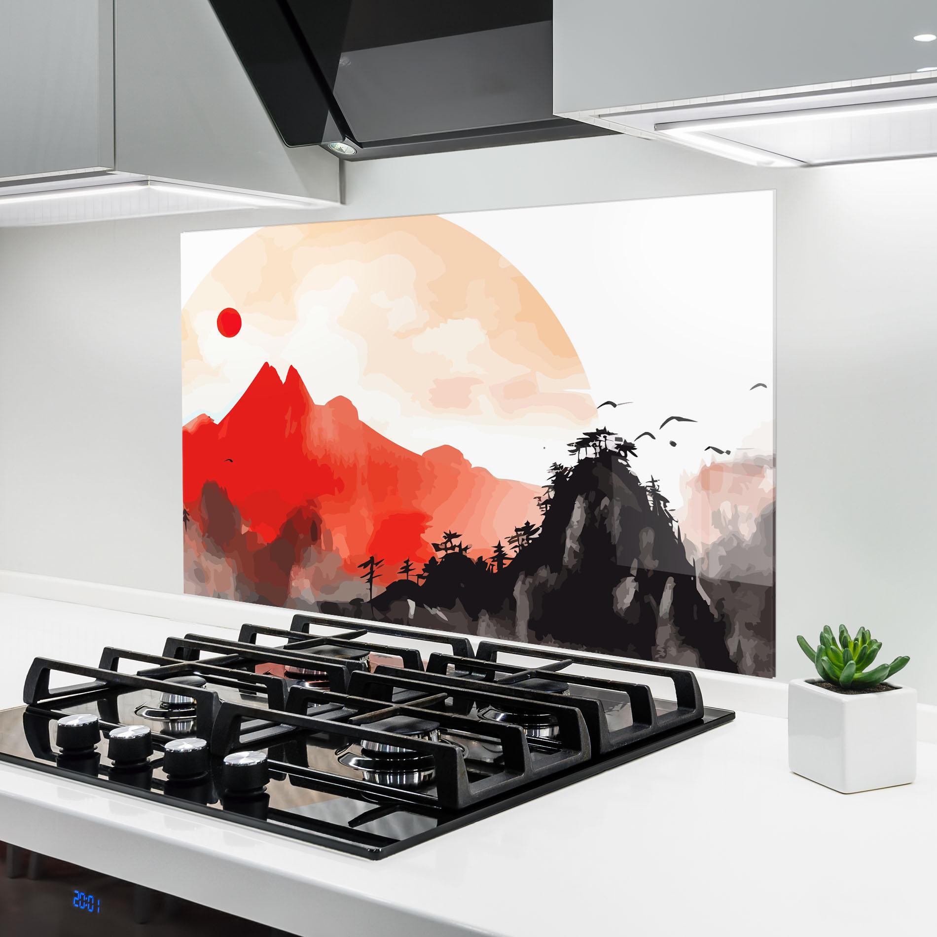 Küchenrückwand Glas Red Black Mountain mockup 6