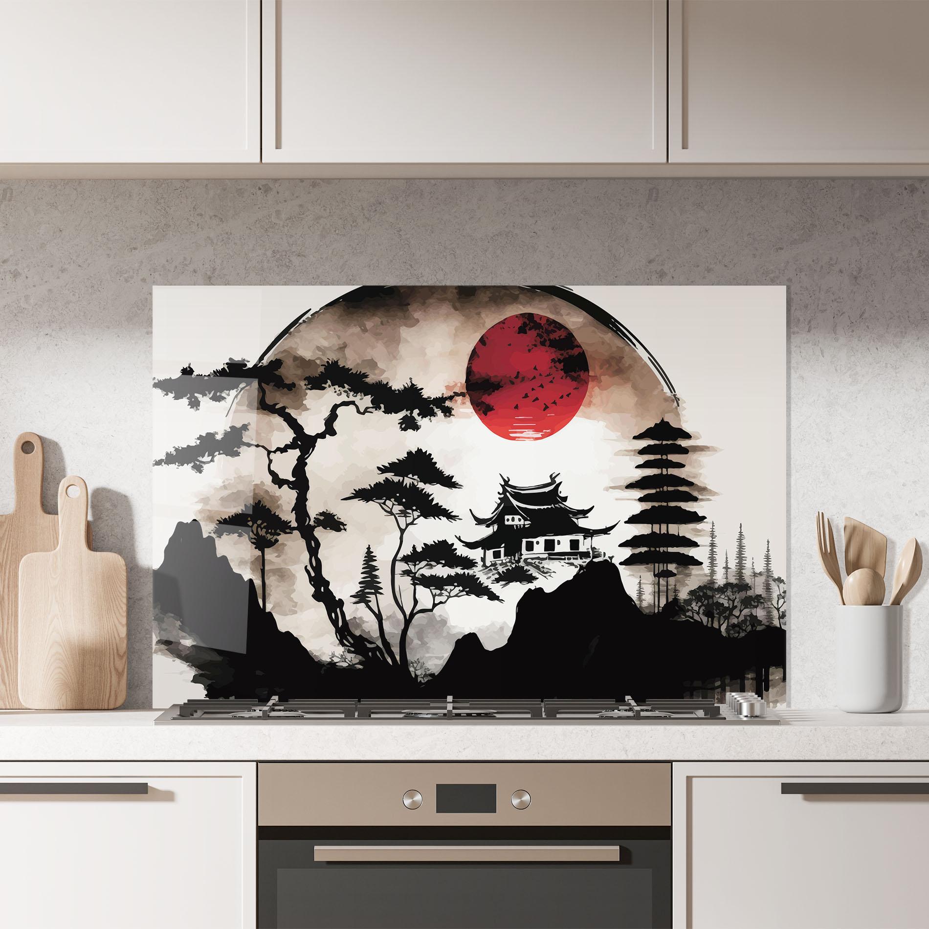 Küchenrückwand Glas Asian Red Moon mockup 7