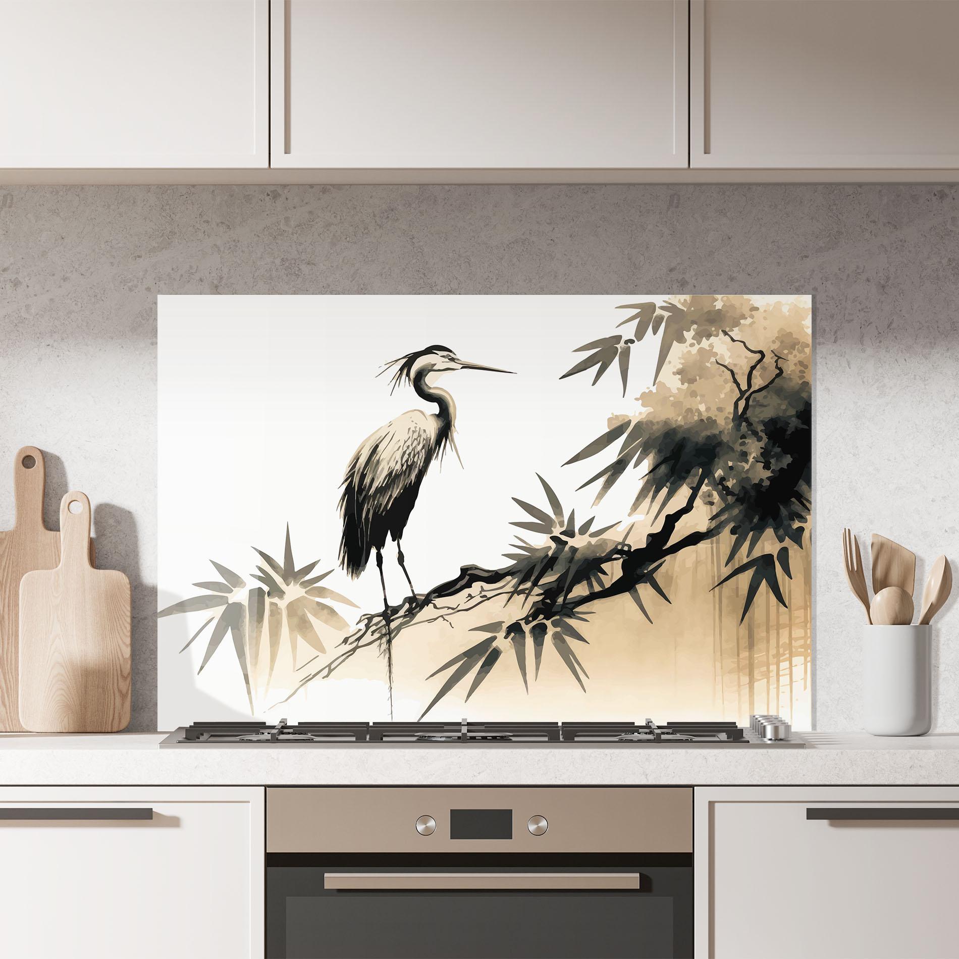 Küchenrückwand Glas Black Cream Bird Art mockup 7
