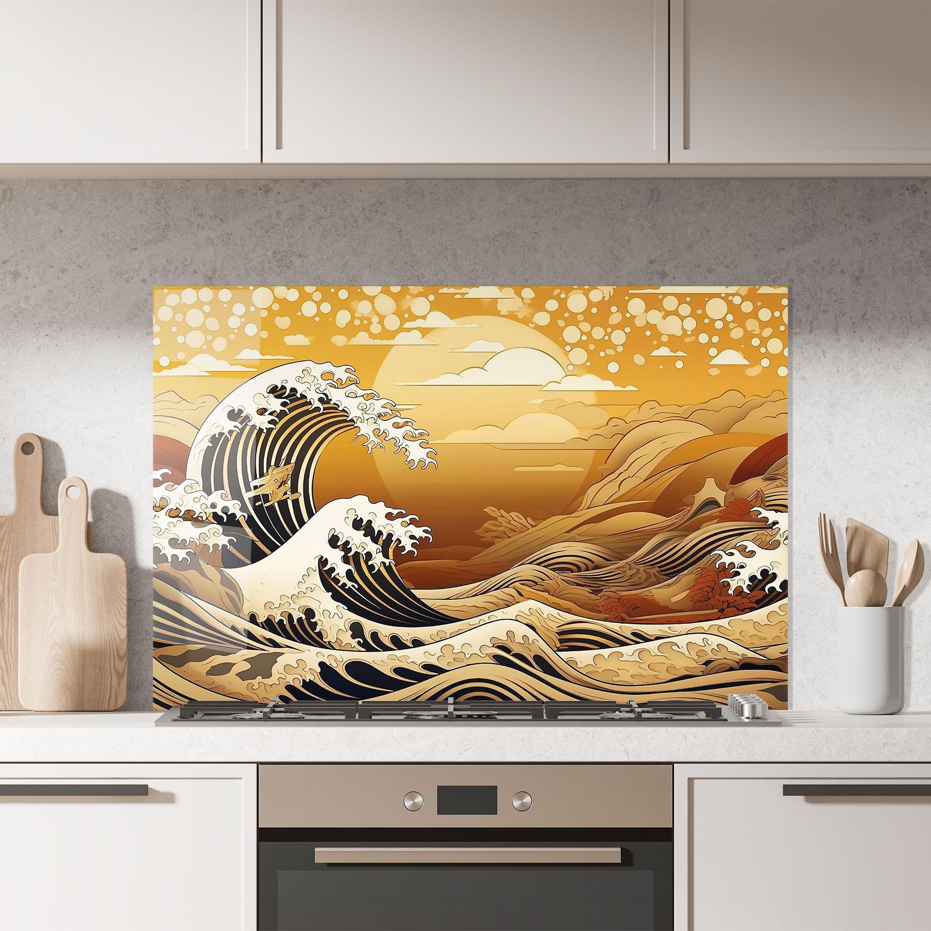 Küchenrückwand Glas Black Yellow Waves mockup 7