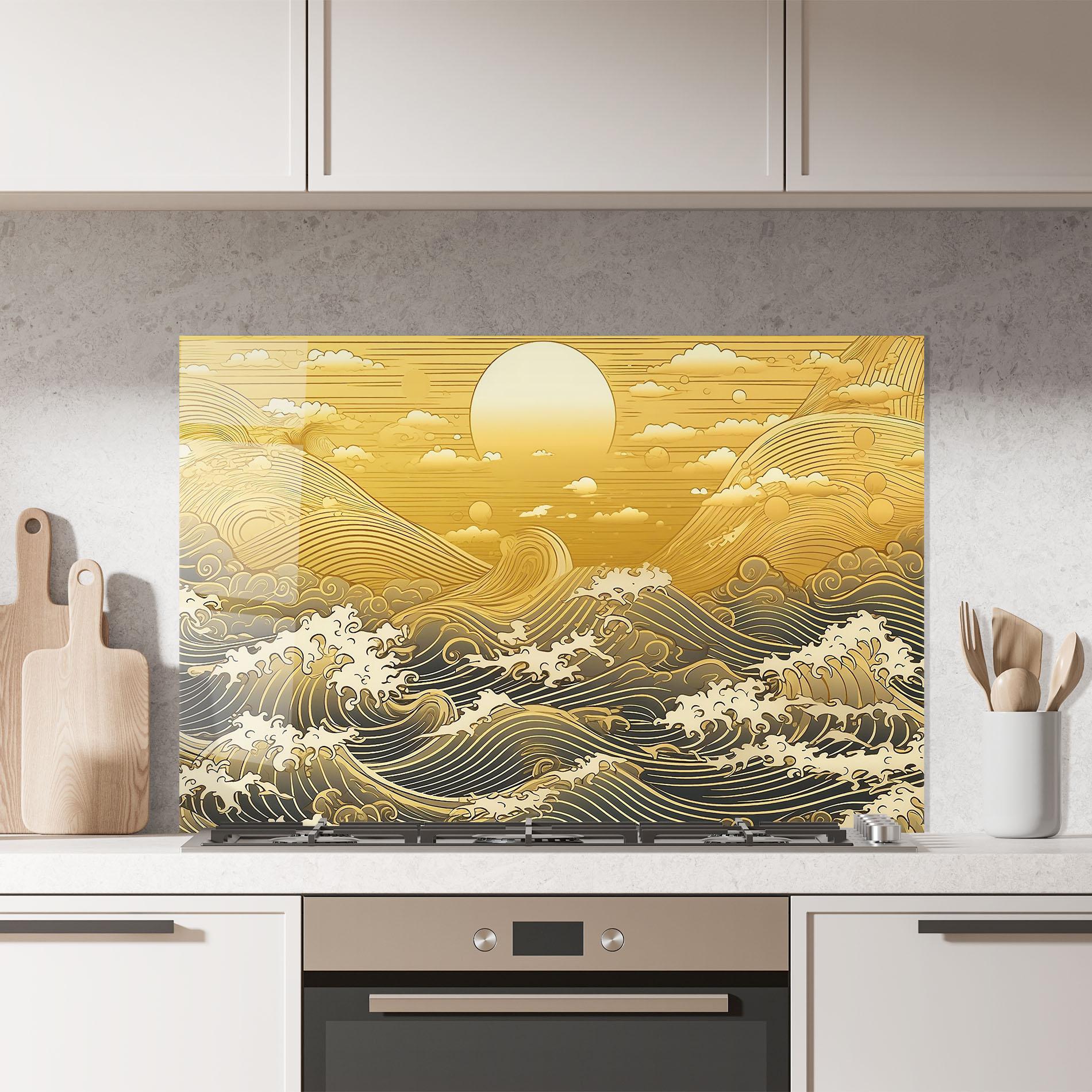 Küchenrückwand Glas Blue Gold Waves mockup 7