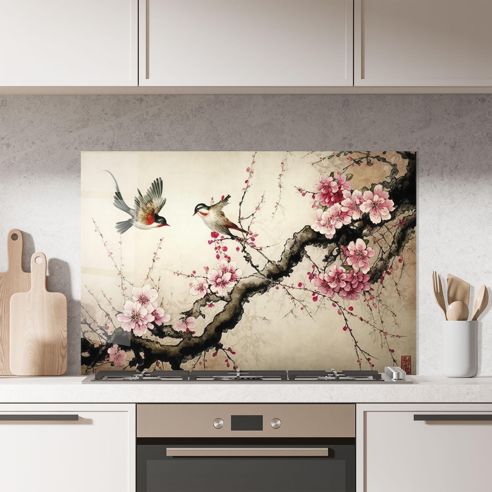 Küchenrückwand Glas Cherry Blossom Birds mockup 7