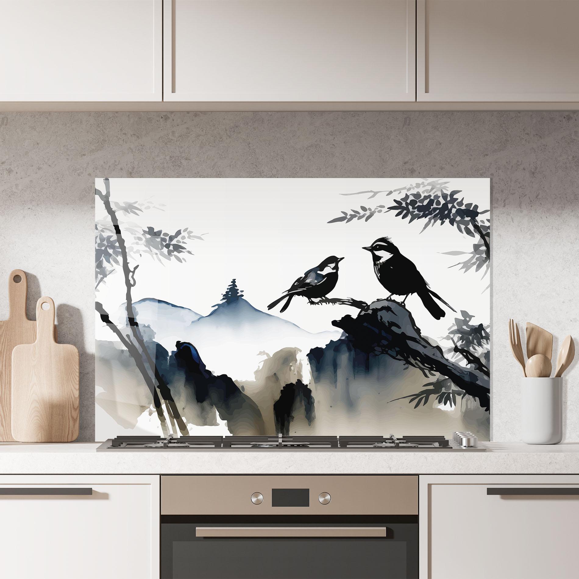 Küchenrückwand Glas Cream Blue Mountain Bird mockup 7
