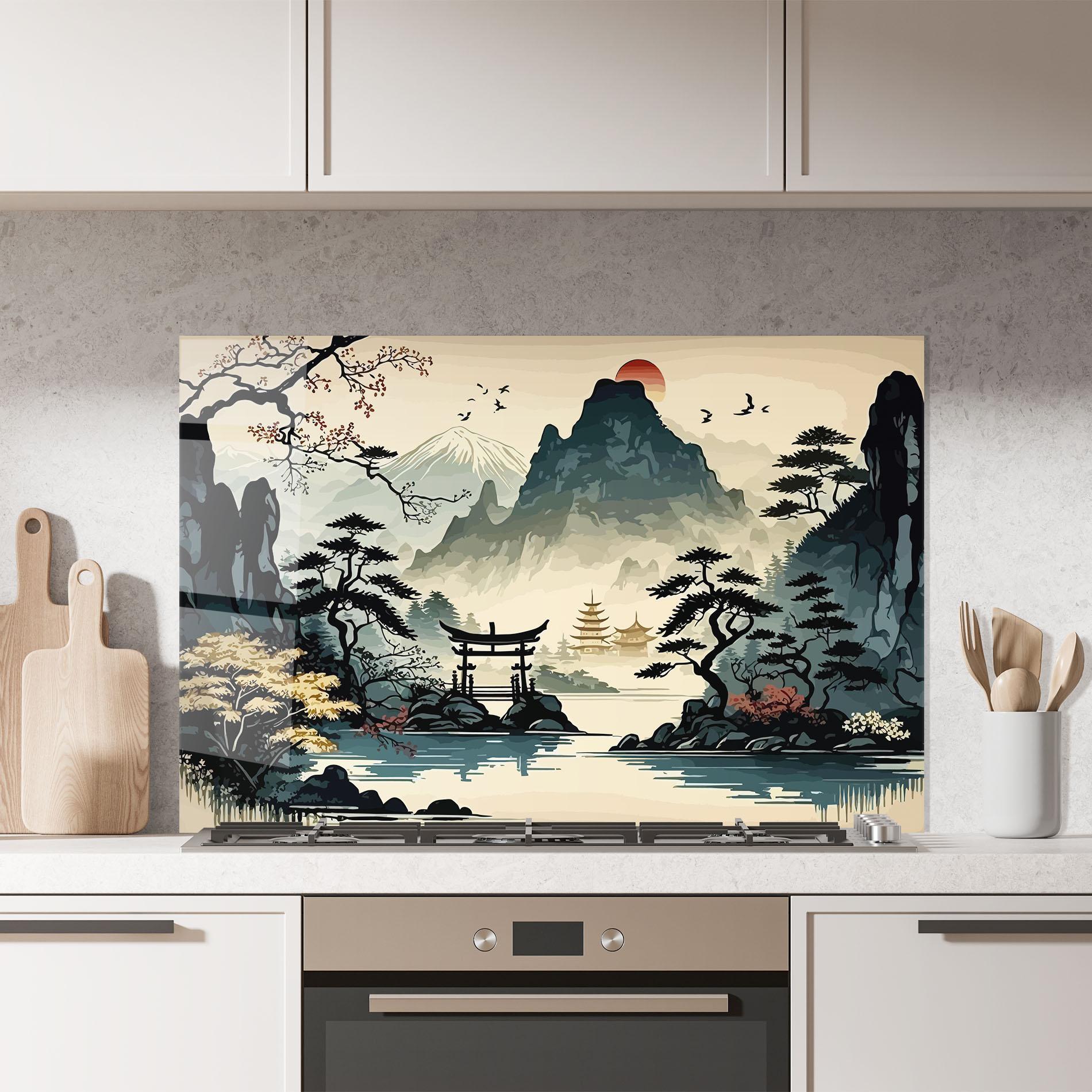 Küchenrückwand Glas Cream Chinese Mountain mockup 7