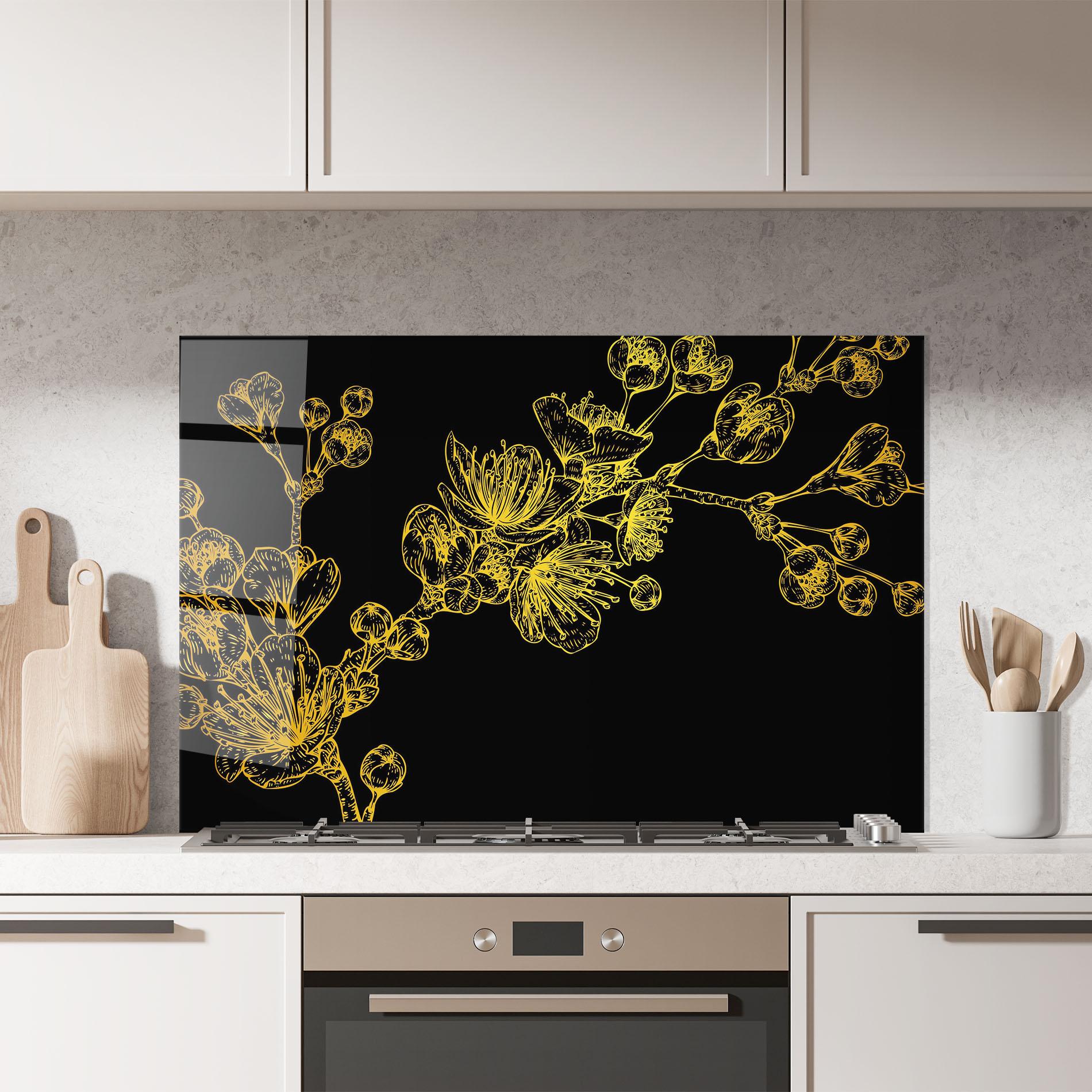 Küchenrückwand Glas Gold Blossom Flower mockup 7