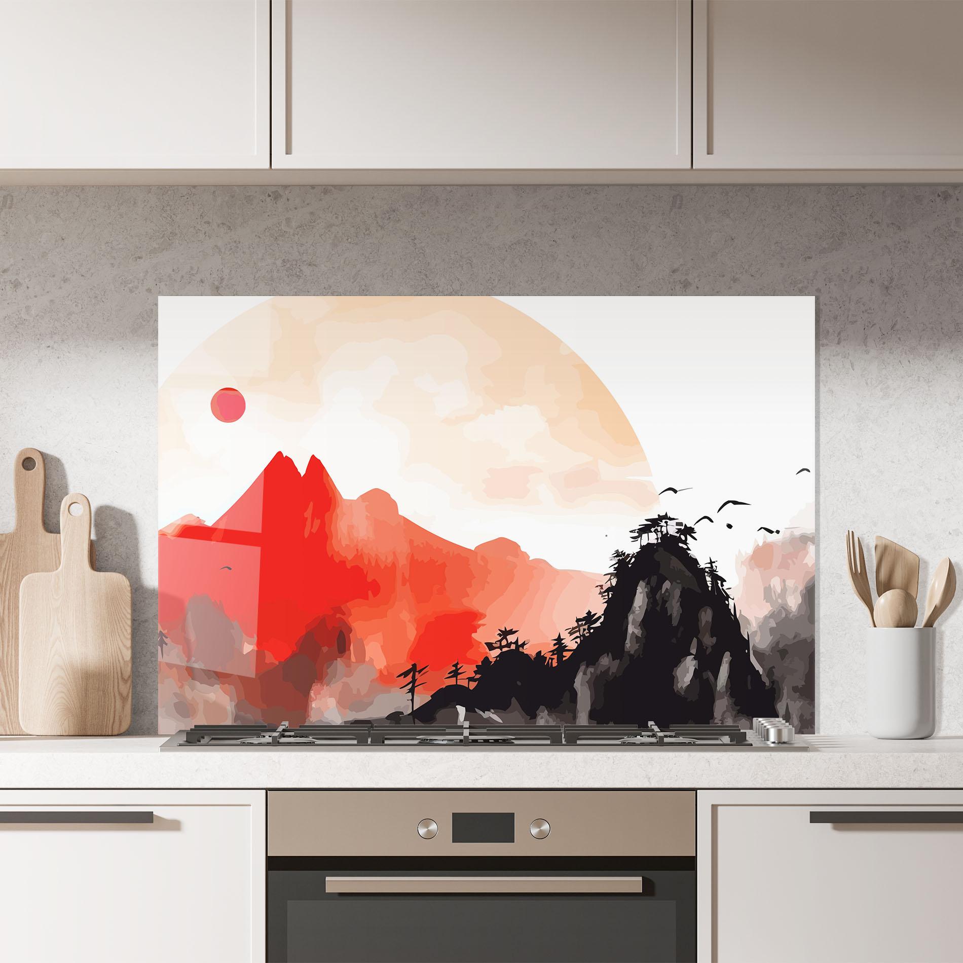 Küchenrückwand Glas Red Black Mountain mockup 7