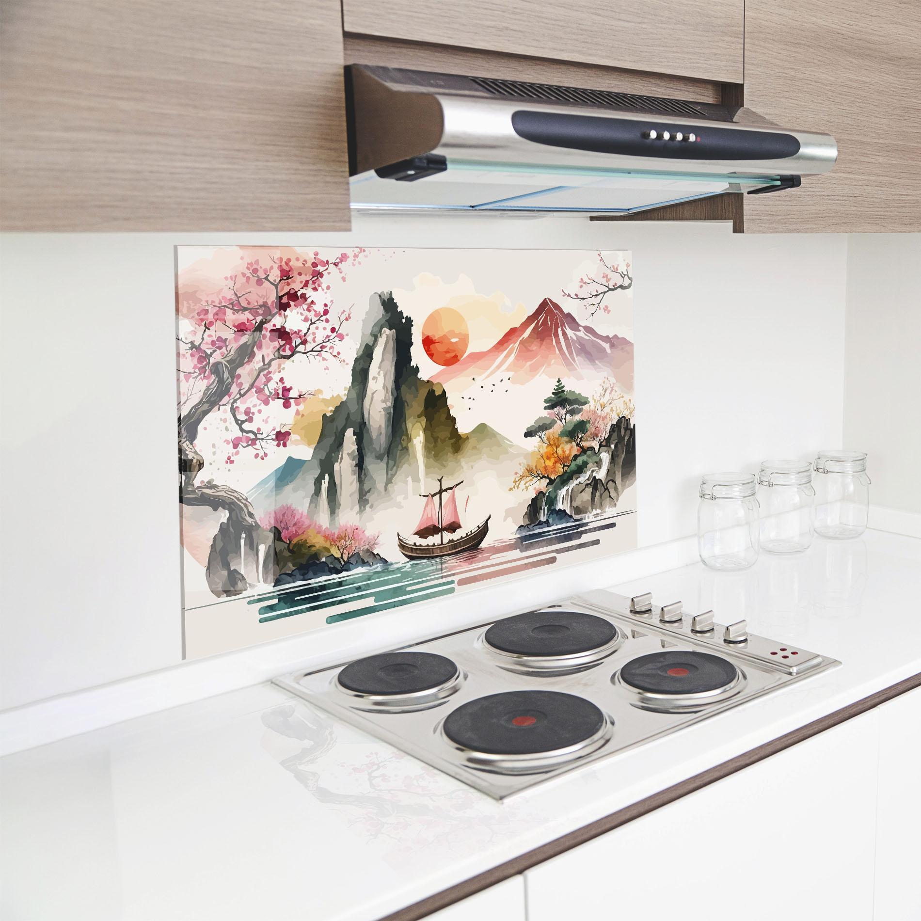 Küchenrückwand Glas Asian Orange Sunset mockup 8