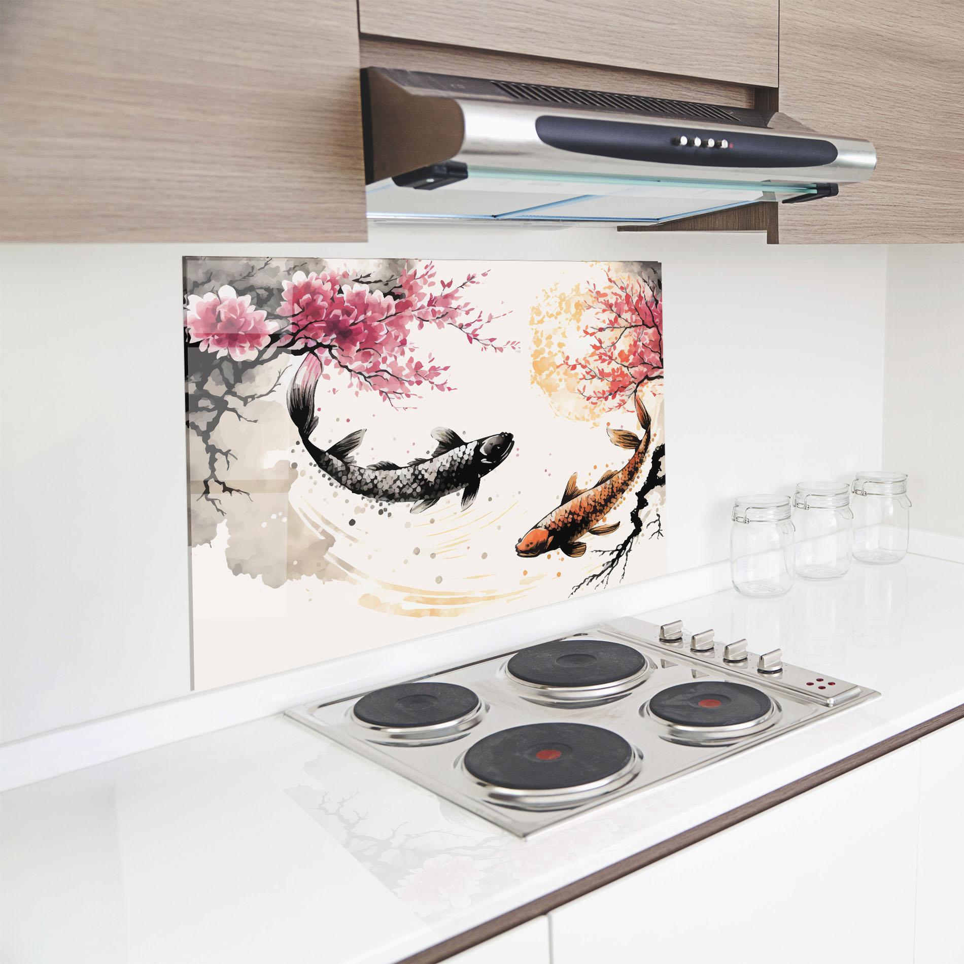 Küchenrückwand Glas Asiatic Flower Fish mockup 8