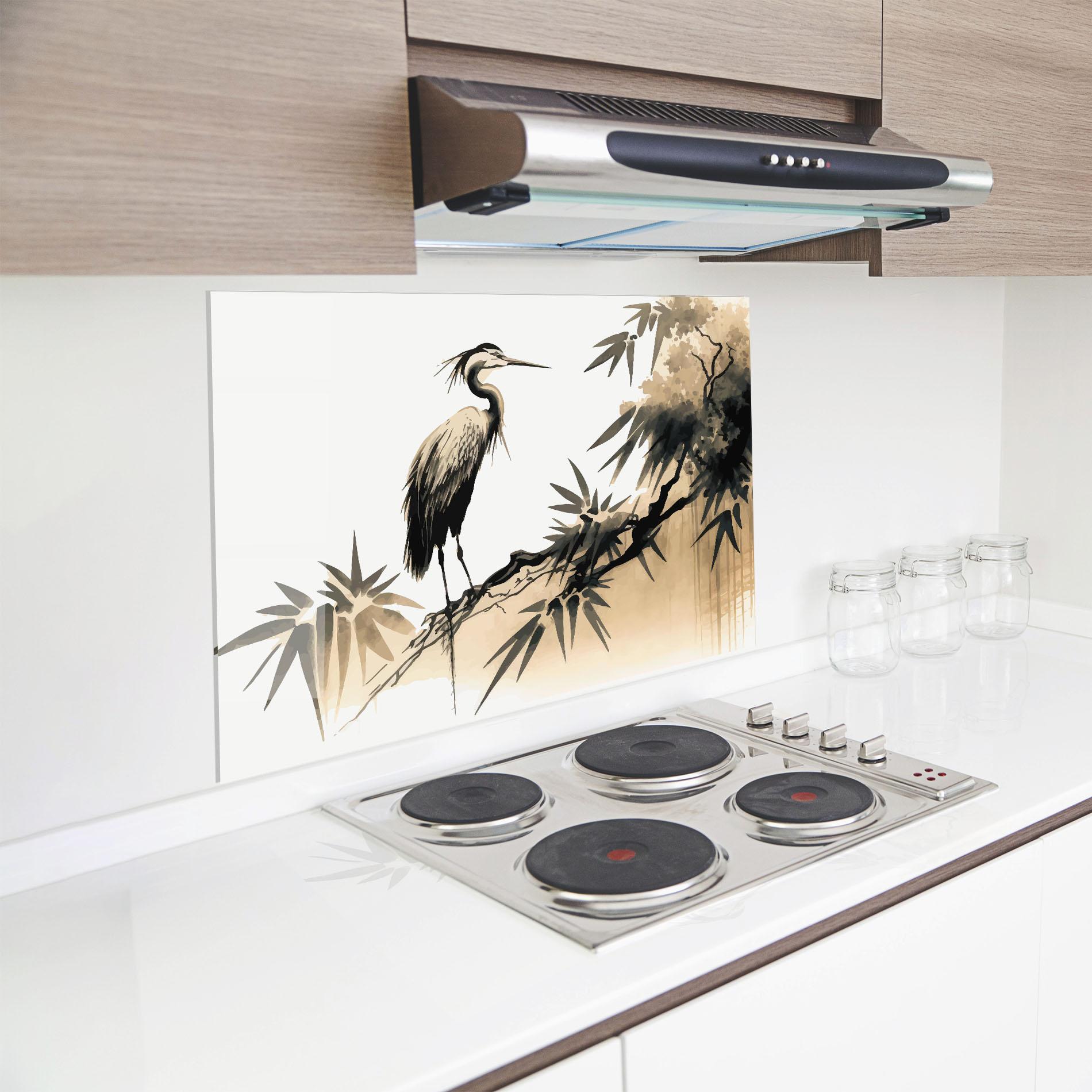 Küchenrückwand Glas Black Cream Bird Art mockup 8