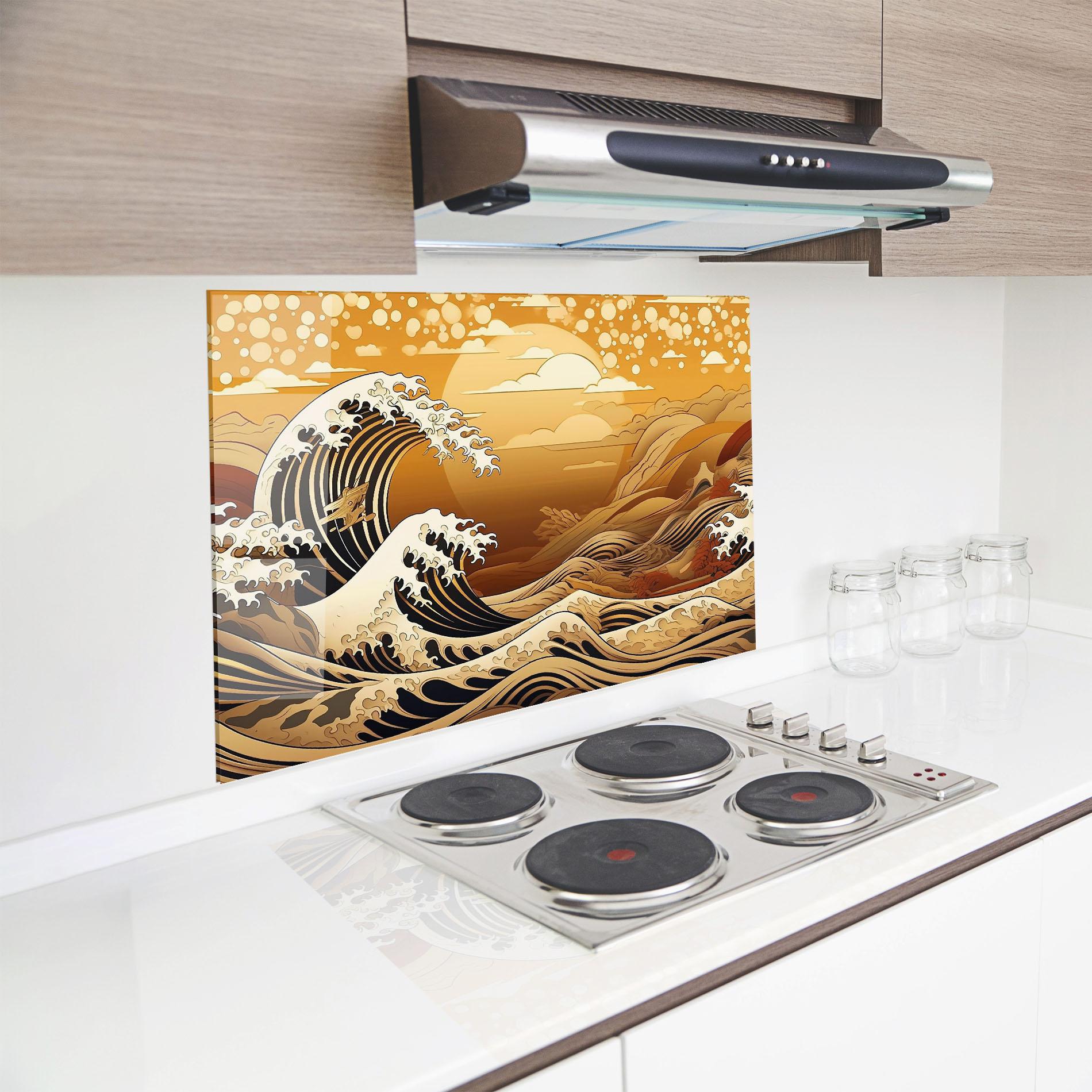 Küchenrückwand Glas Black Yellow Waves mockup 8