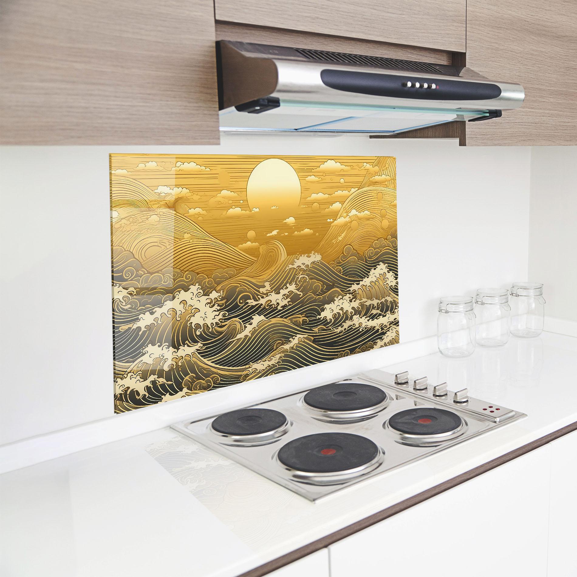 Küchenrückwand Glas Blue Gold Waves mockup 8