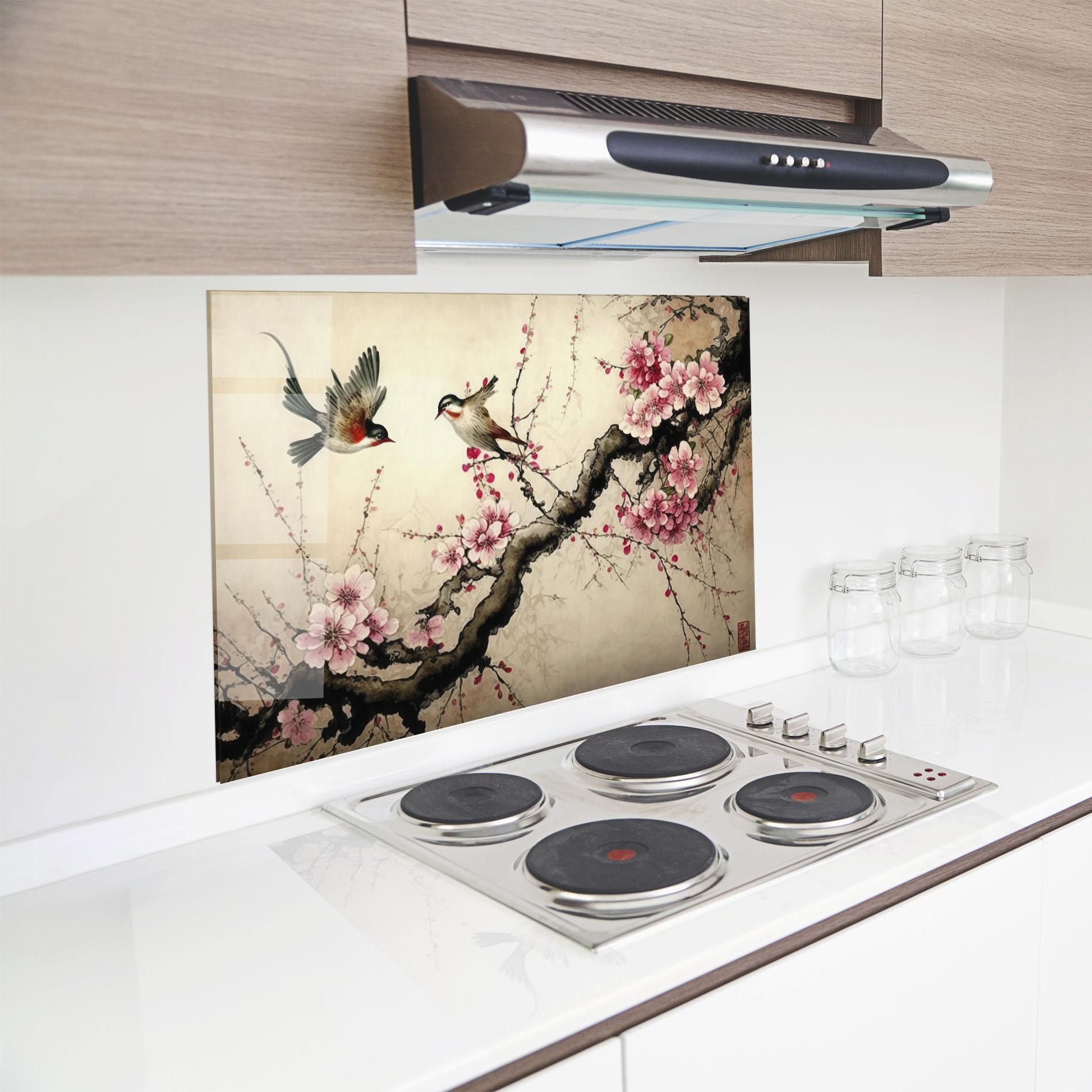 Küchenrückwand Glas Cherry Blossom Birds mockup 8