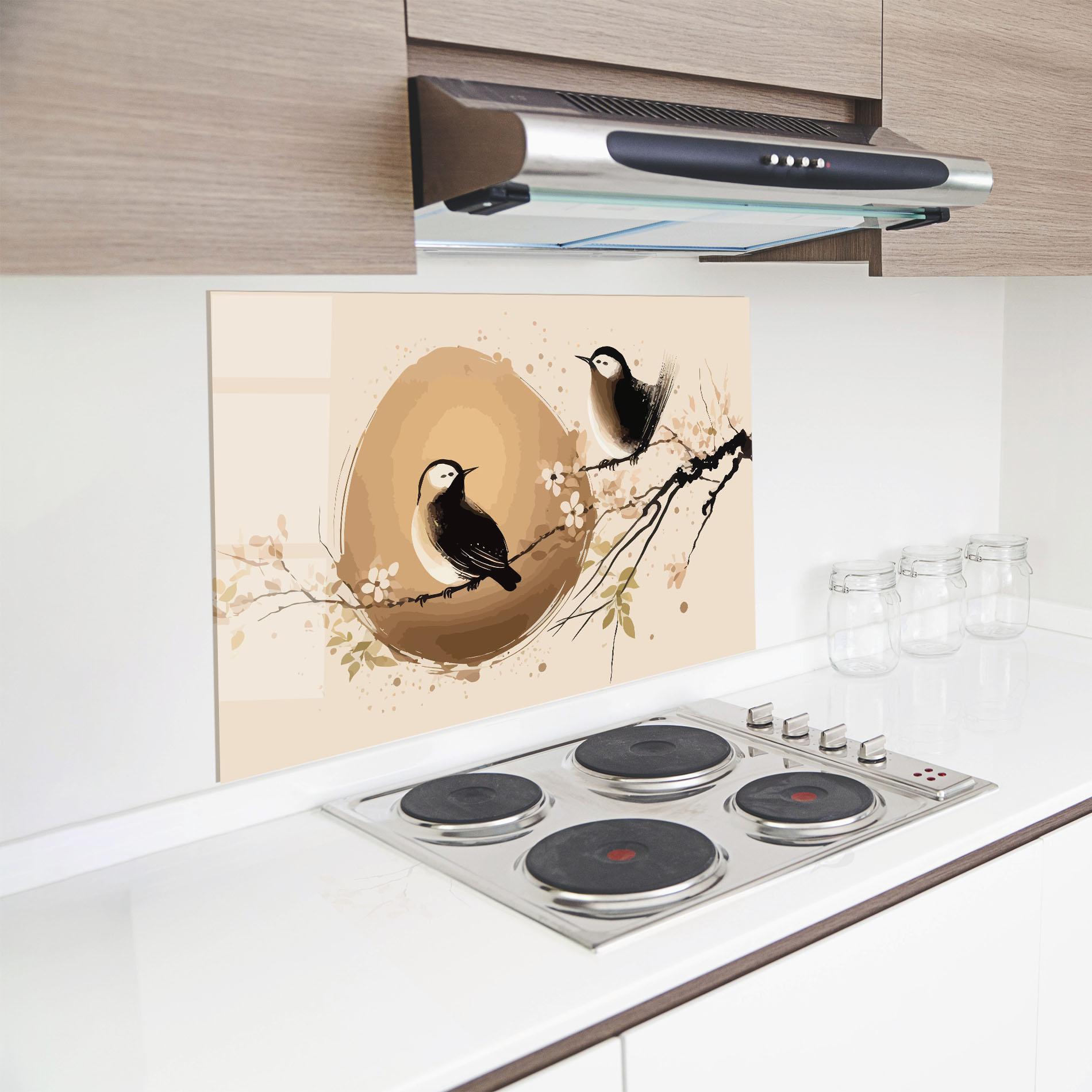Küchenrückwand Glas Cream Blossoms Bird mockup 8