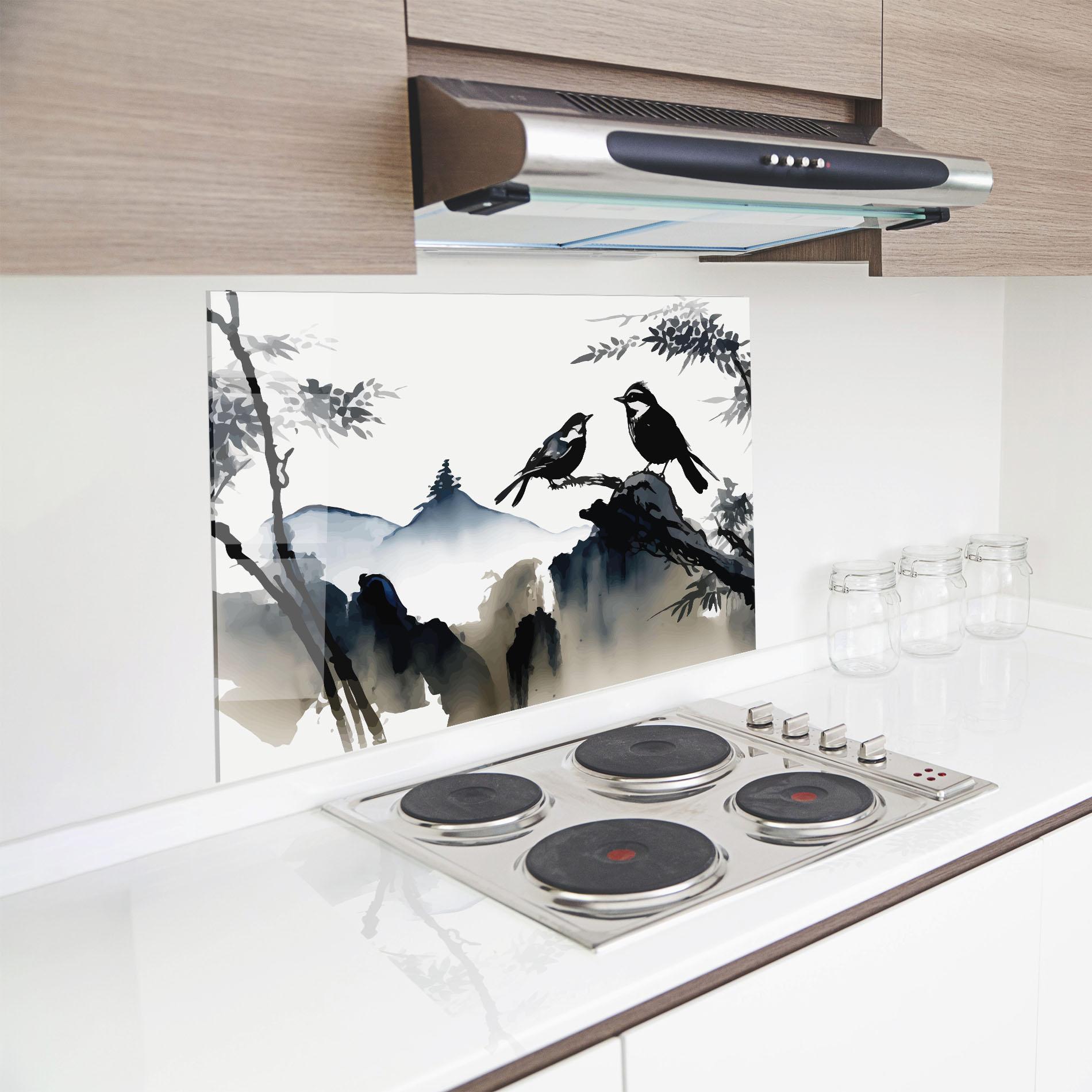 Küchenrückwand Glas Cream Blue Mountain Bird mockup 8