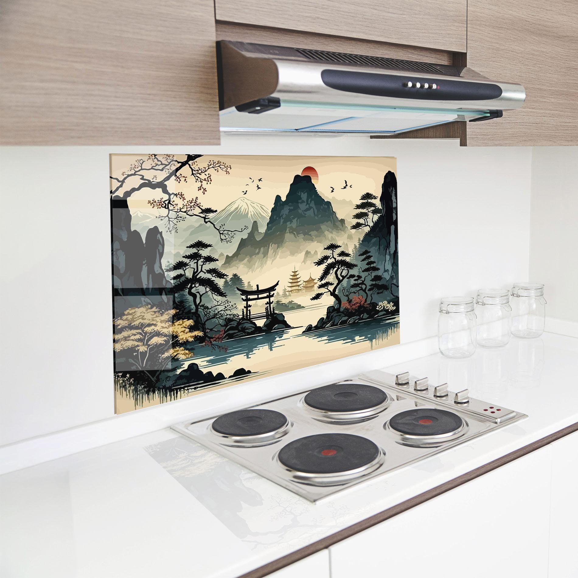 Küchenrückwand Glas Cream Chinese Mountain mockup 8
