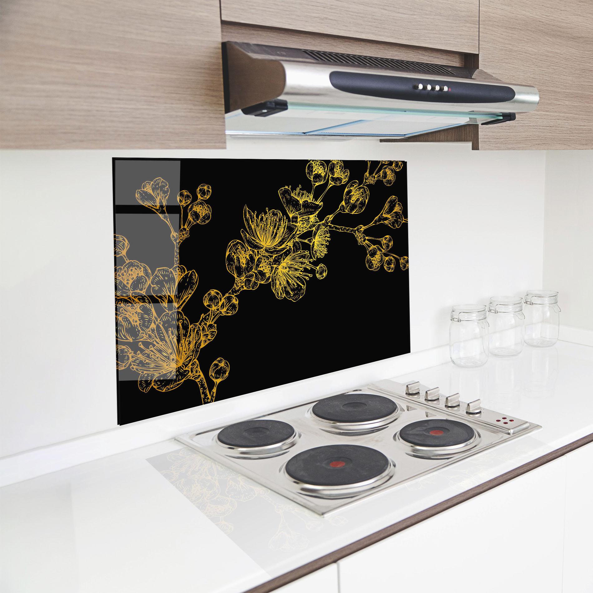 Küchenrückwand Glas Gold Blossom Flower mockup 8