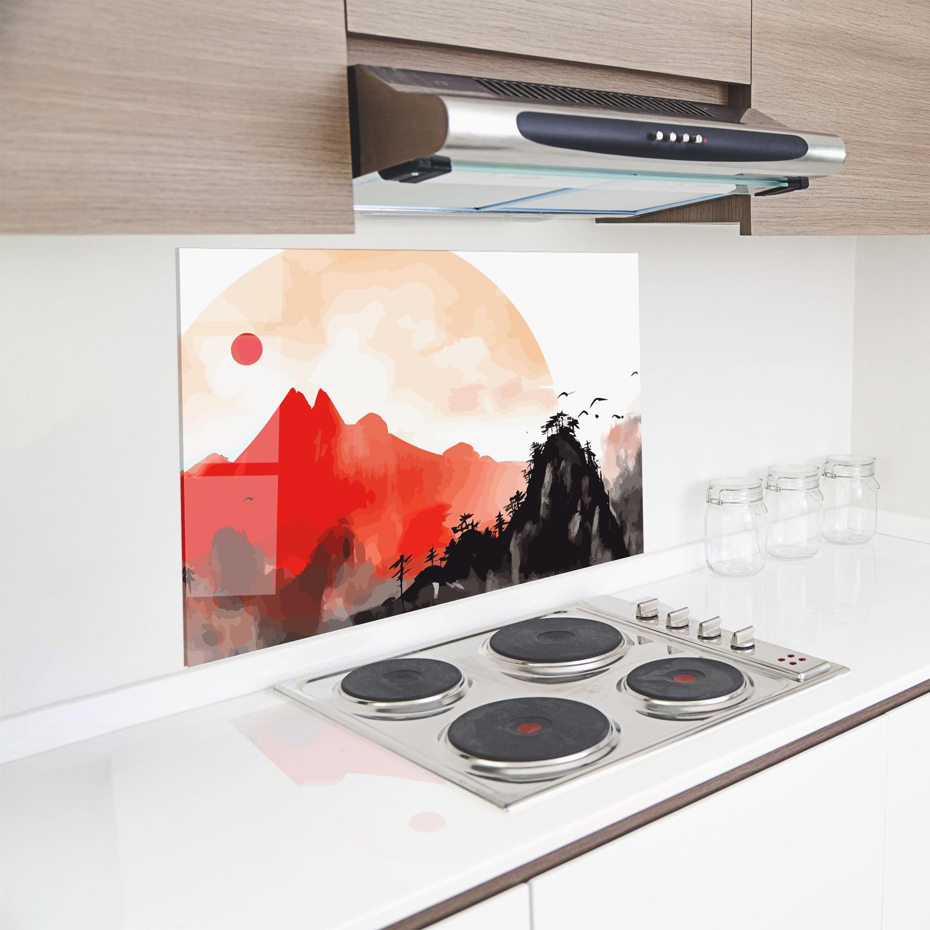 Küchenrückwand Glas Red Black Mountain mockup 8