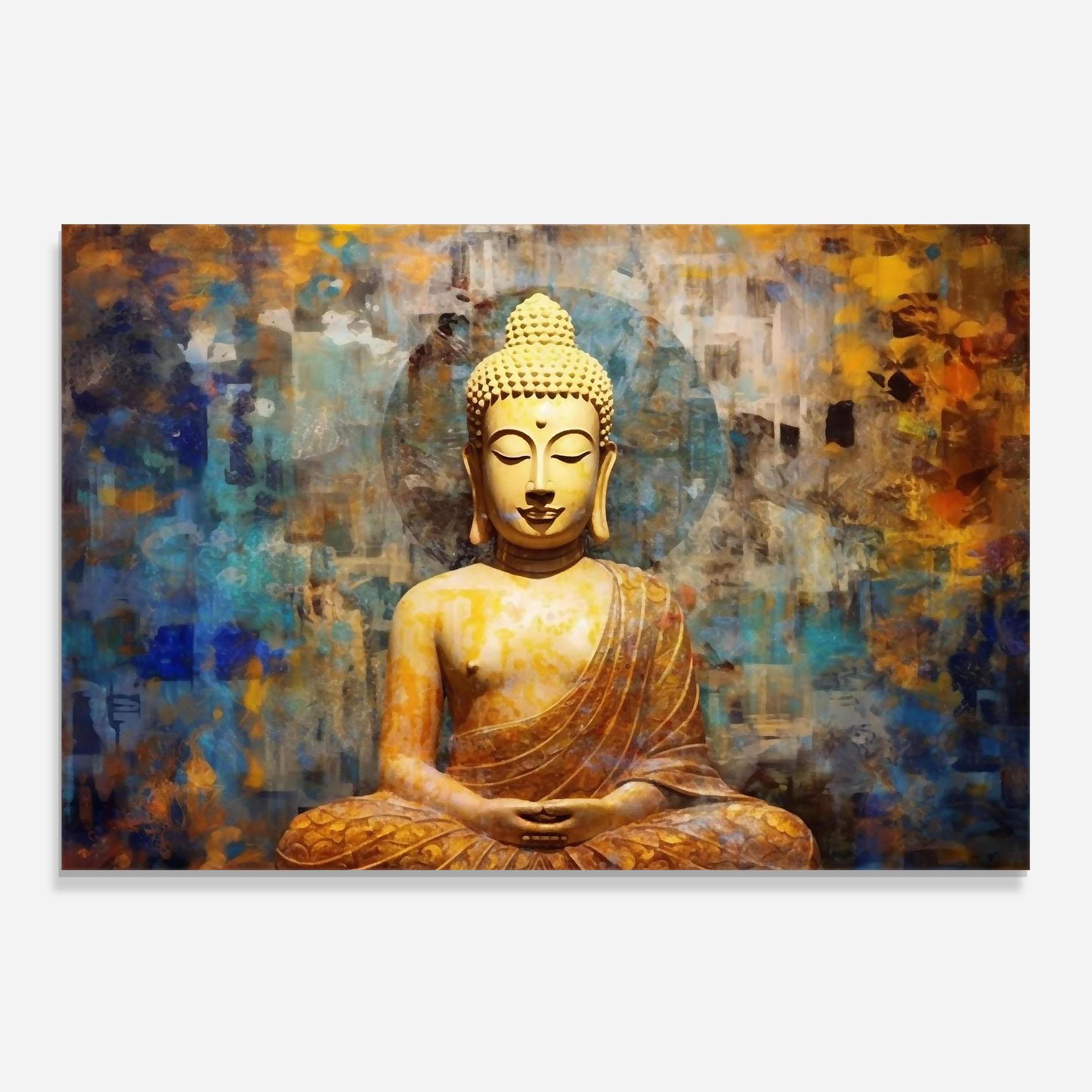 Küchenrückwand Glas Buddha Blue Gold mockup 0