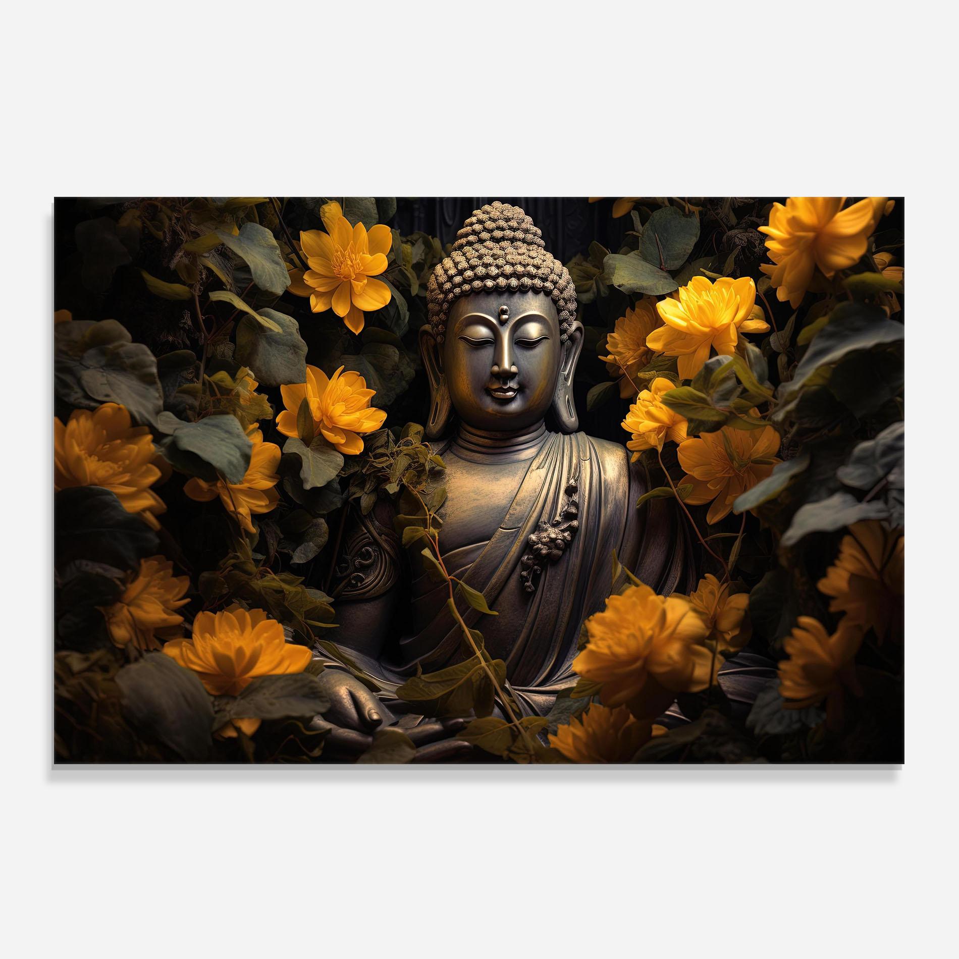 Küchenrückwand Glas Buddha Yellow Meditation mockup 0