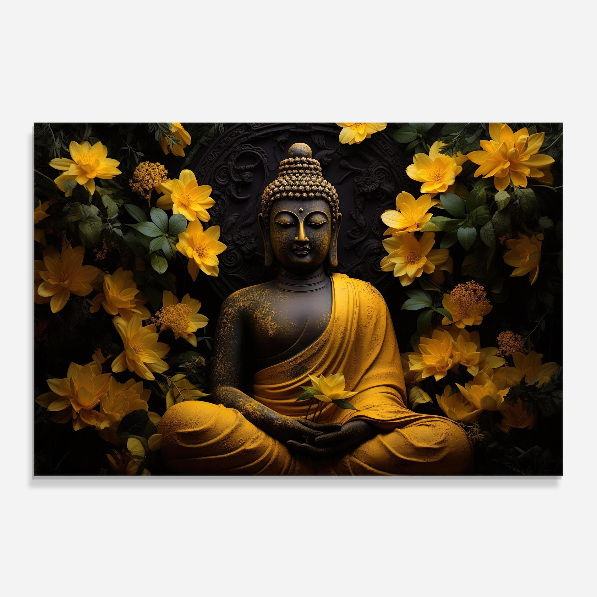 Küchenrückwand Glas Buddha Yellow Statue mockup 0