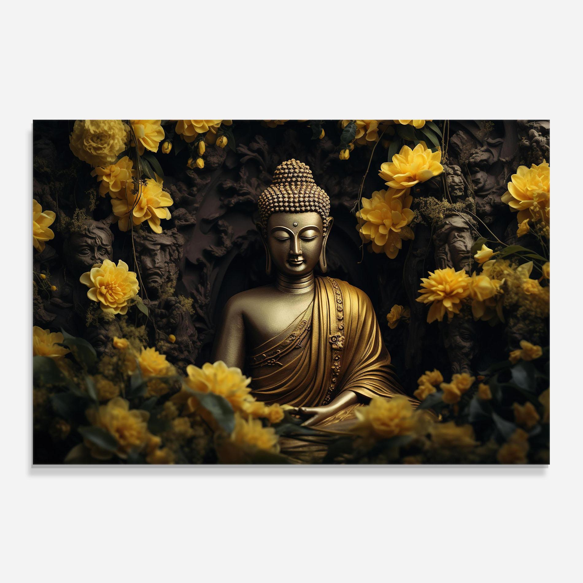 Küchenrückwand Glas Gold Buddha Flowers mockup 0