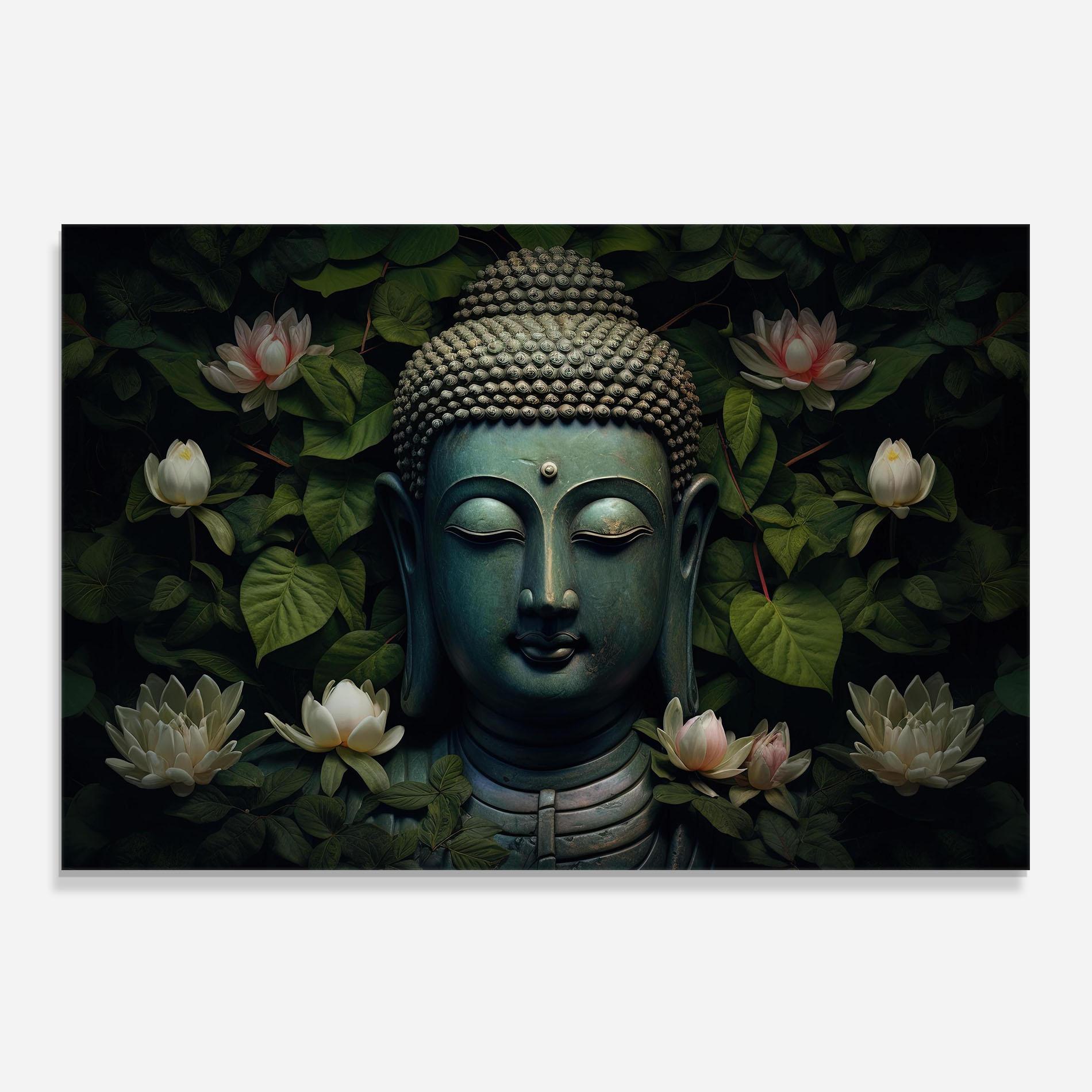 Küchenrückwand Glas Green Statue Buddha mockup 0