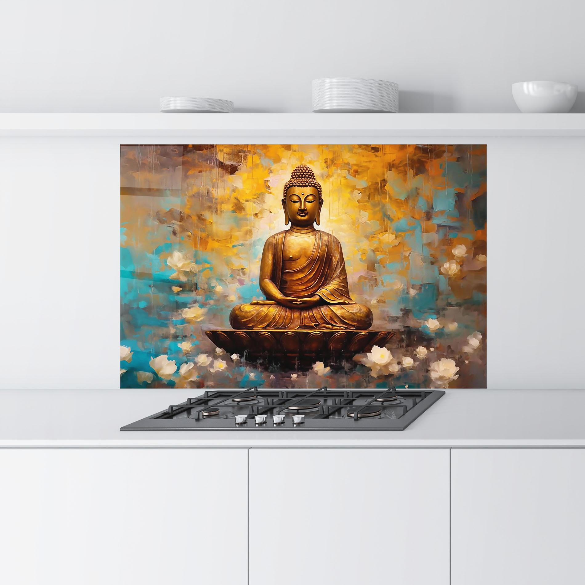 Küchenrückwand Glas Blue Gold Buddha mockup 9