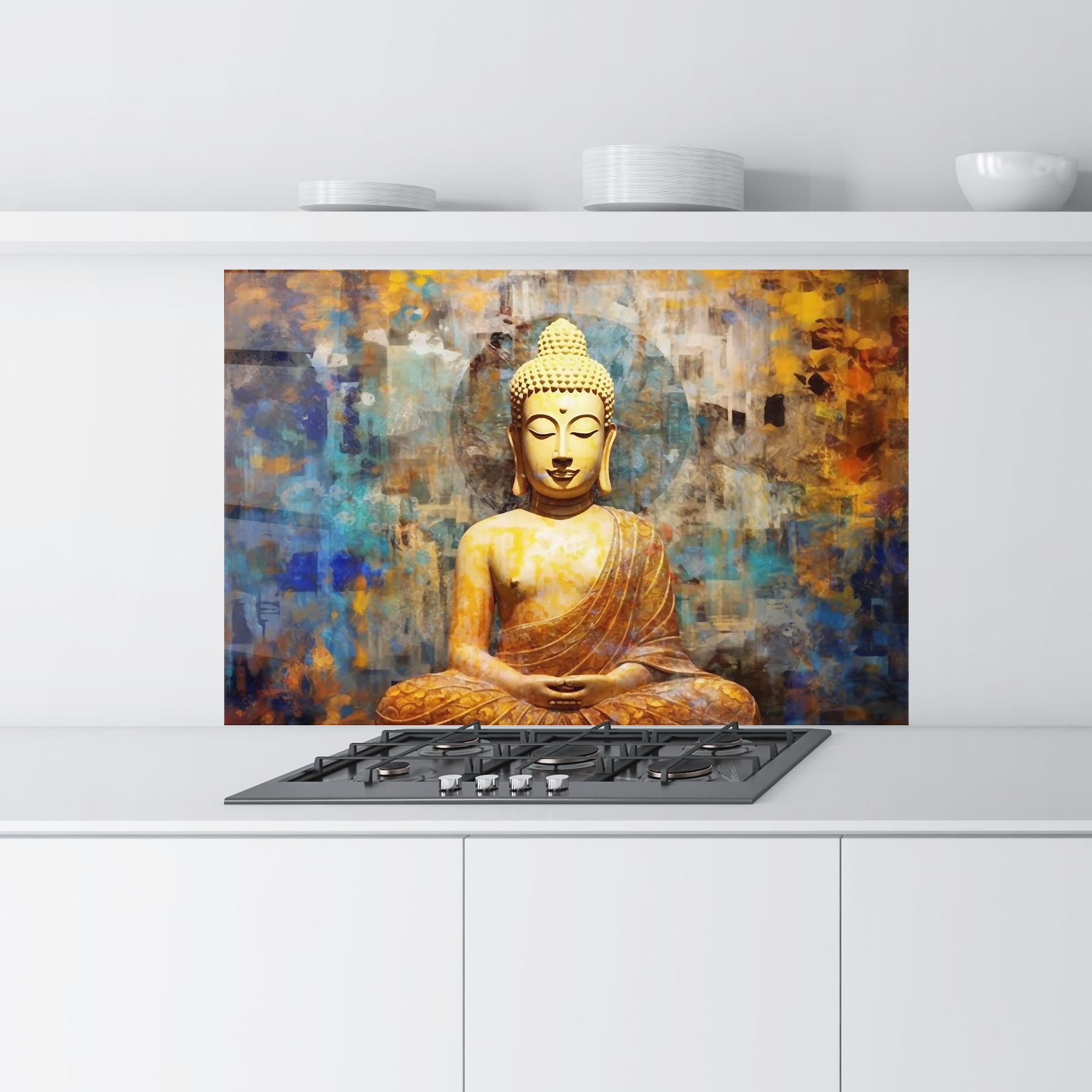 Küchenrückwand Glas Buddha Blue Gold mockup 9