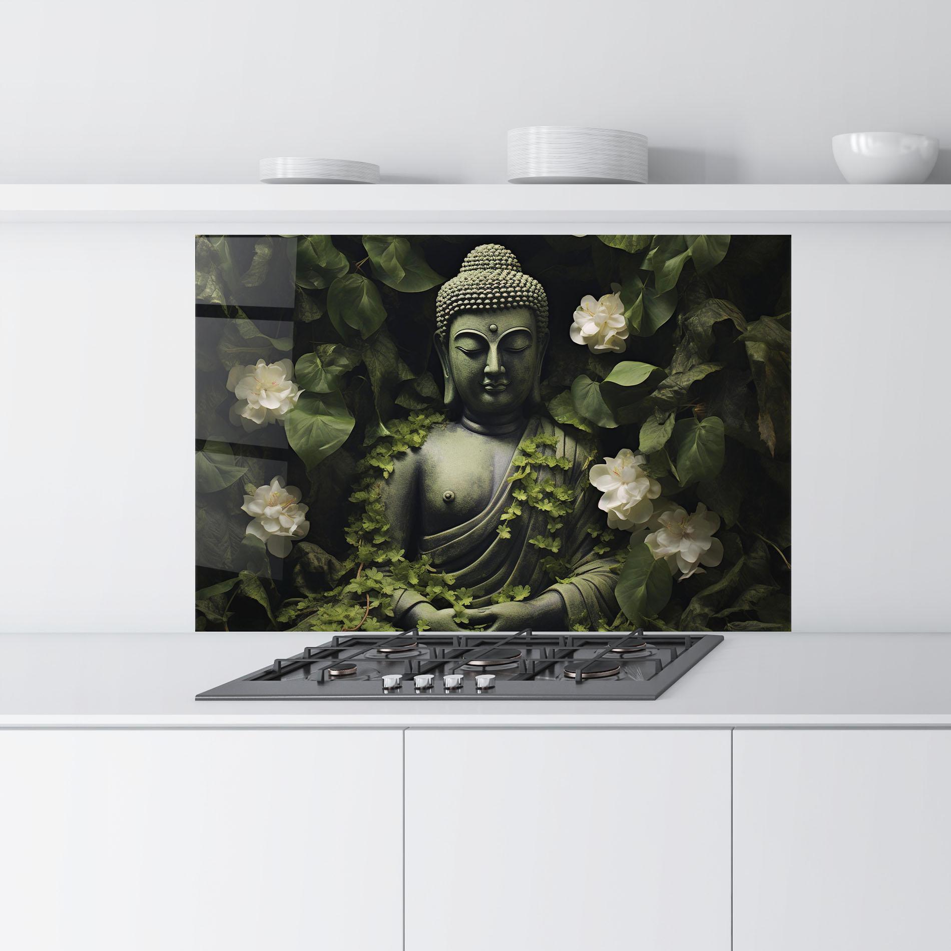 Küchenrückwand Glas Buddha Lotus Statue mockup 9