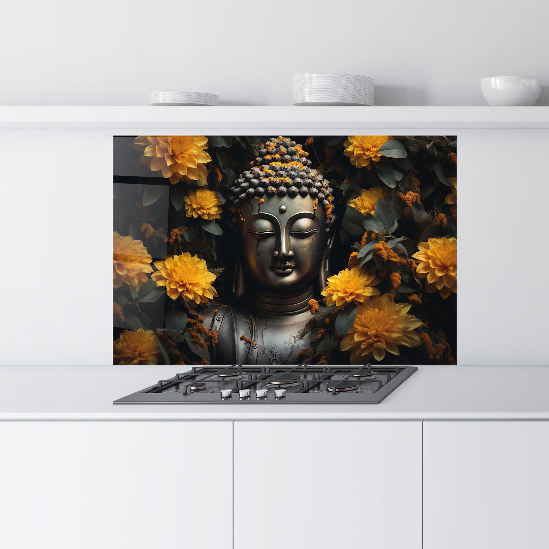 Küchenrückwand Glas Buddha Peace Statue mockup 9