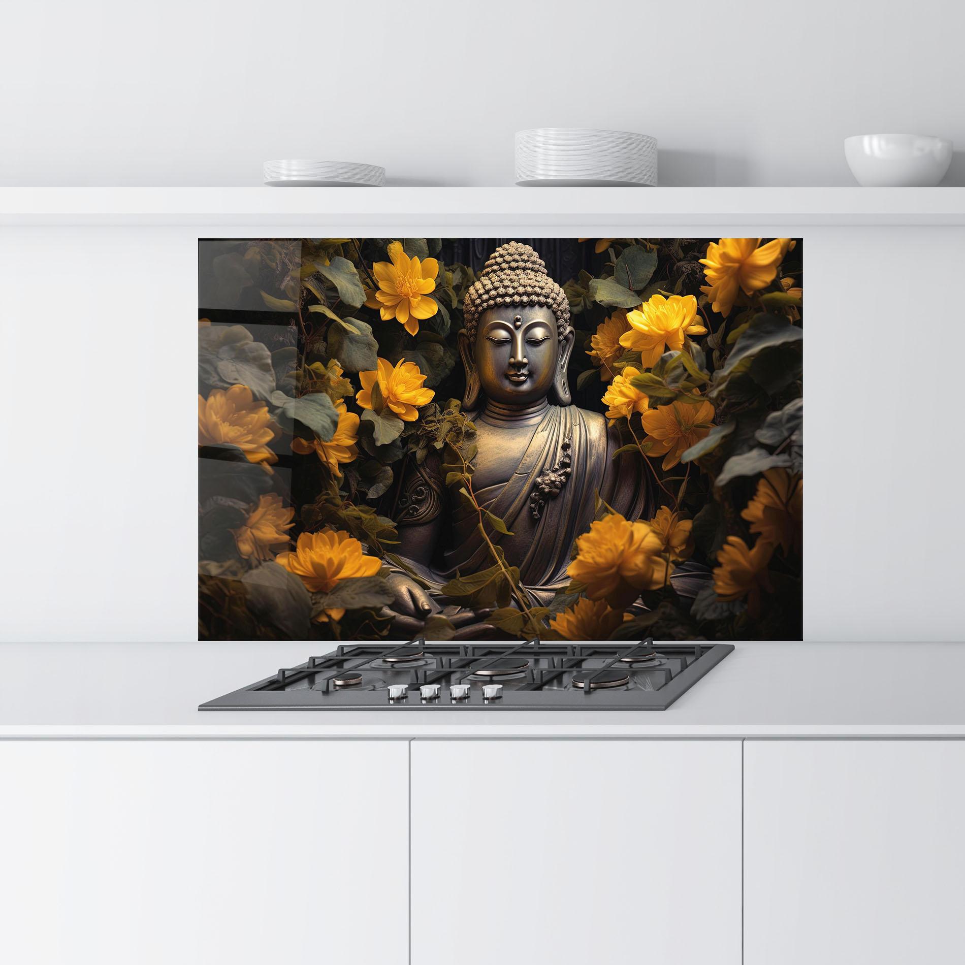 Küchenrückwand Glas Buddha Yellow Meditation mockup 9