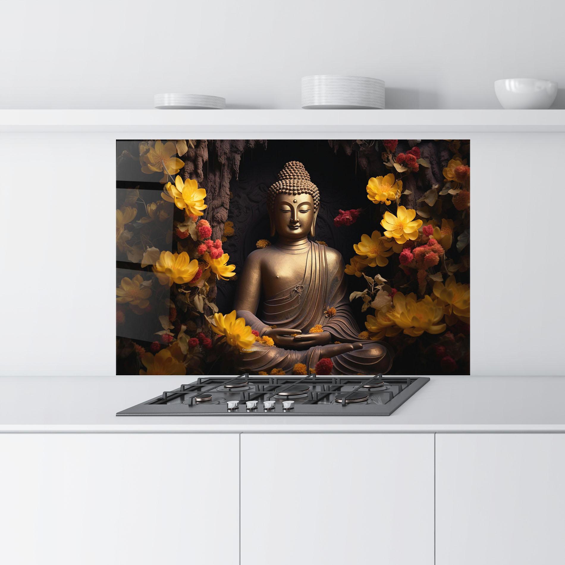 Küchenrückwand Glas Buddha Yellow Red mockup 9