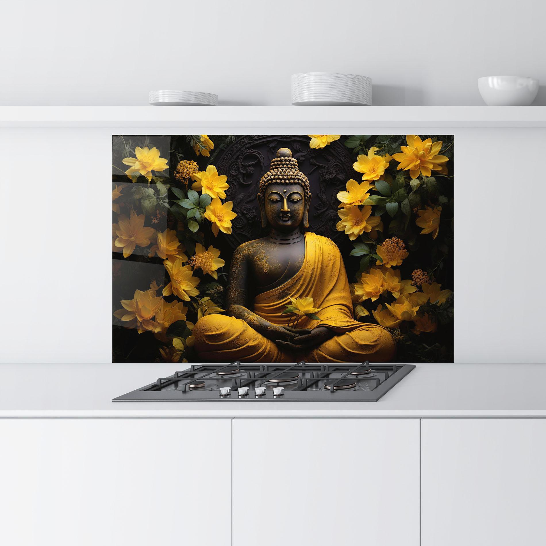 Küchenrückwand Glas Buddha Yellow Statue mockup 9