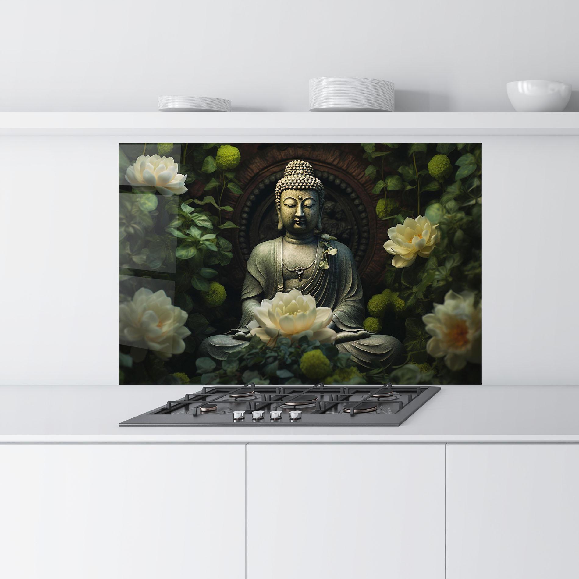Küchenrückwand Glas Cream Flower Buddha mockup 9
