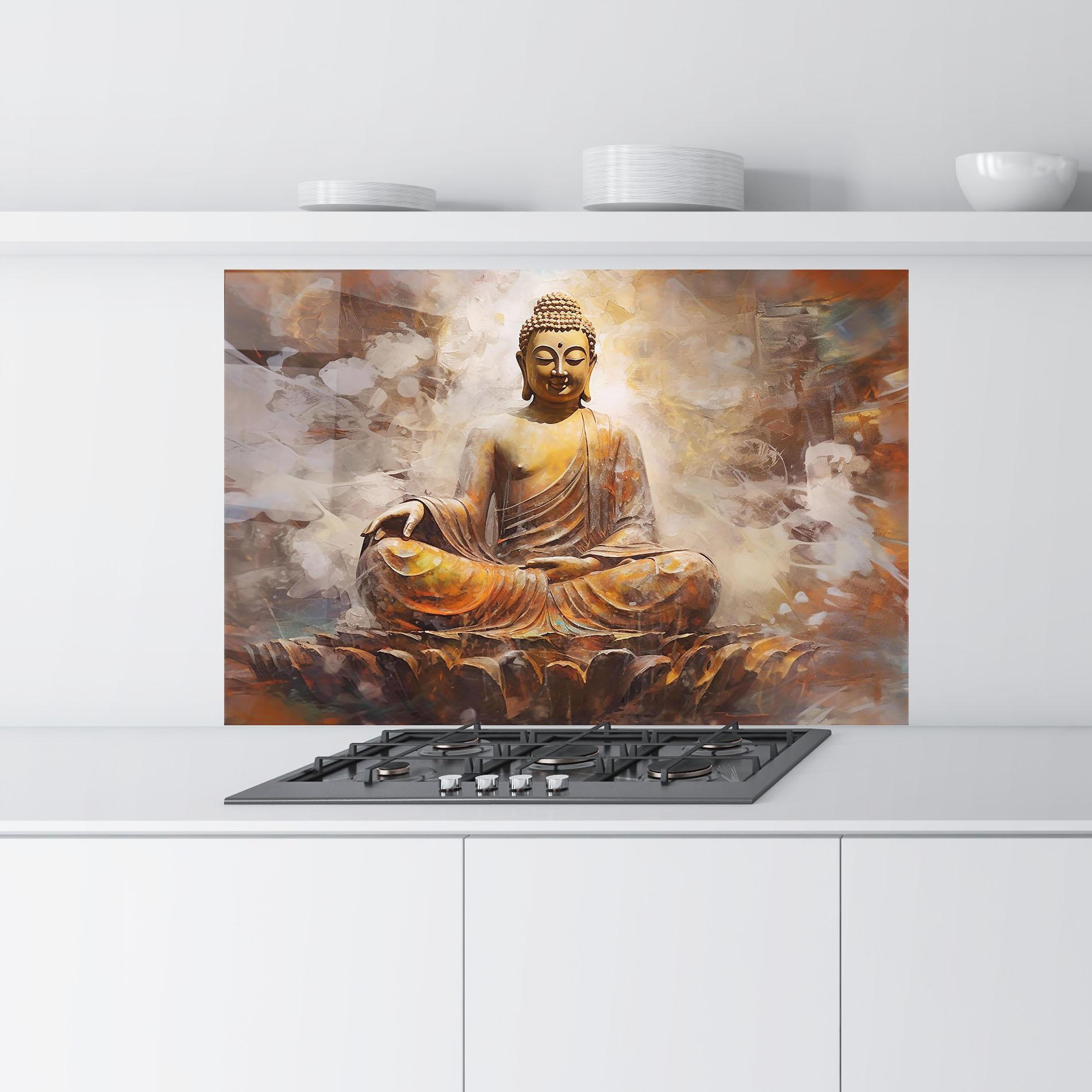 Küchenrückwand Glas Cream Orange Buddha mockup 9