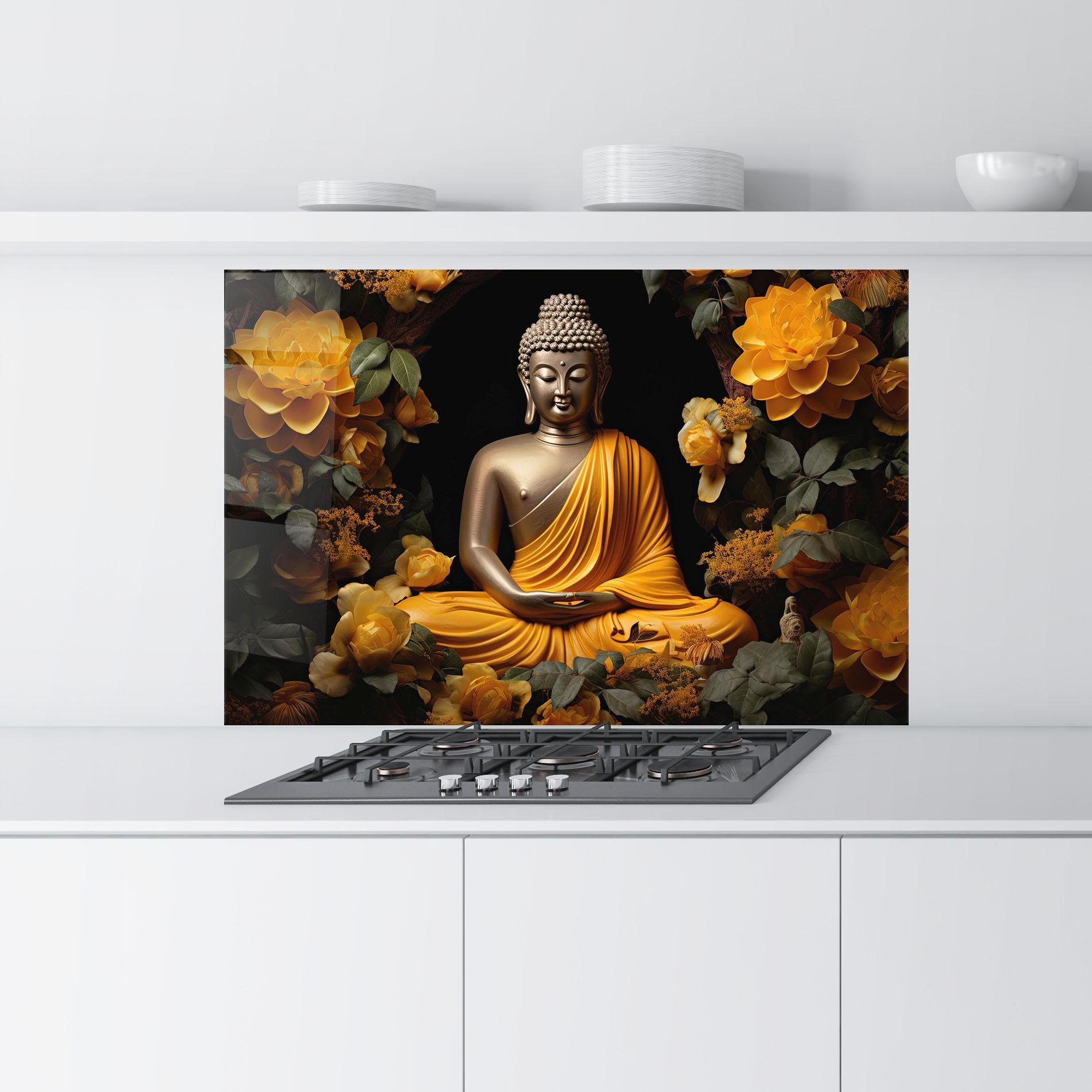 Küchenrückwand Glas Gold Buddha Flower mockup 9