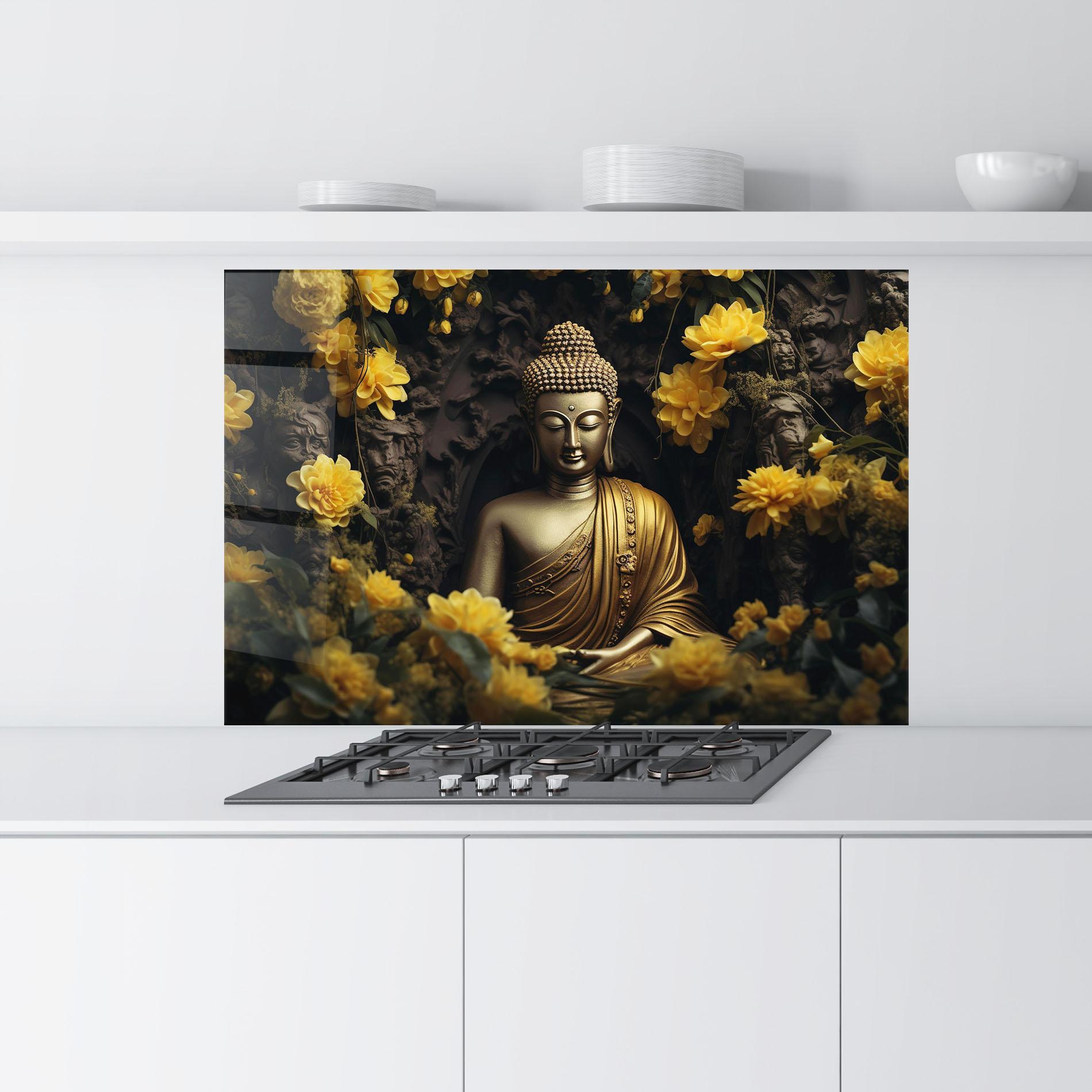 Küchenrückwand Glas Gold Buddha Flowers mockup 9