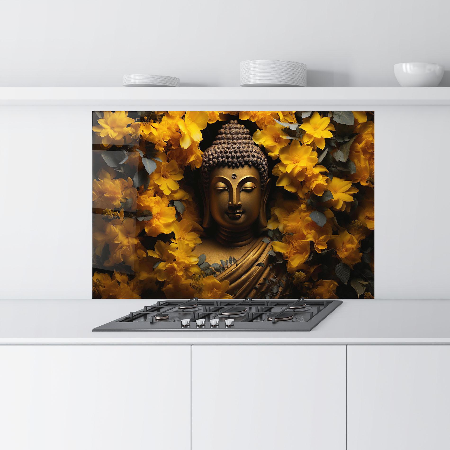 Küchenrückwand Glas Gold Buddha Meditation mockup 9