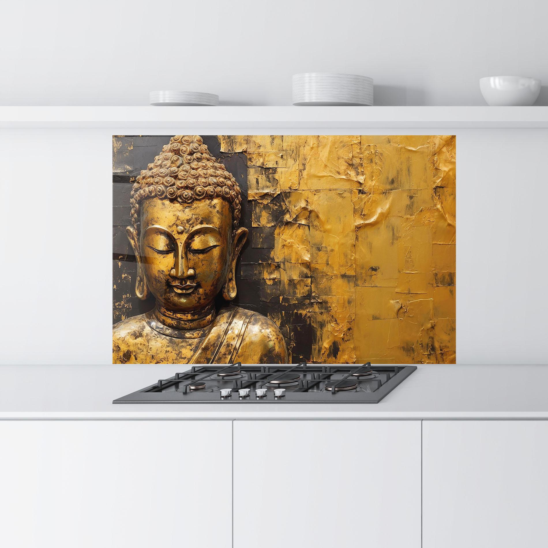 Küchenrückwand Glas Gold Paint Buddha mockup 9