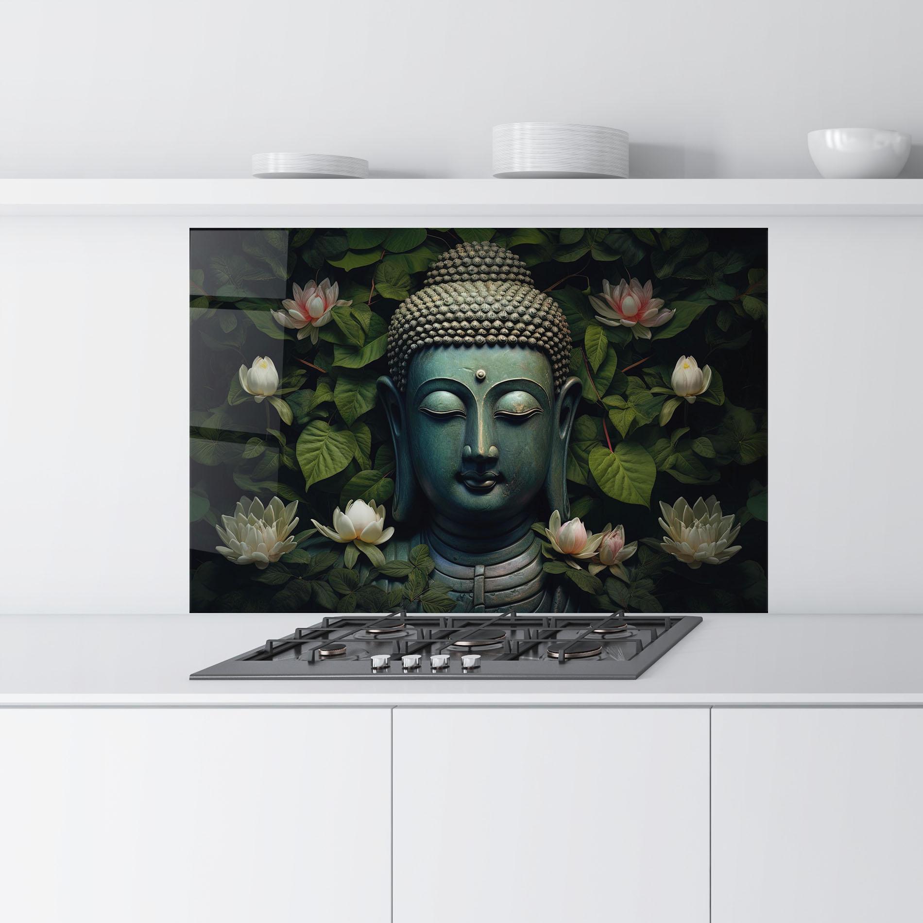 Küchenrückwand Glas Green Statue Buddha mockup 9