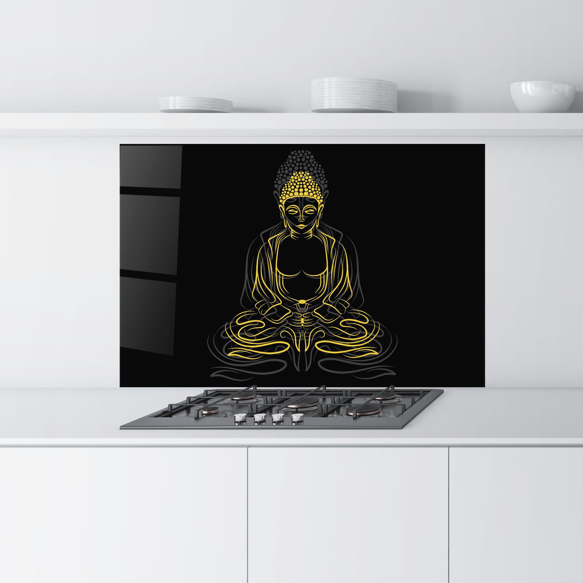 Küchenrückwand Glas Grey Yellow Buddha mockup 9
